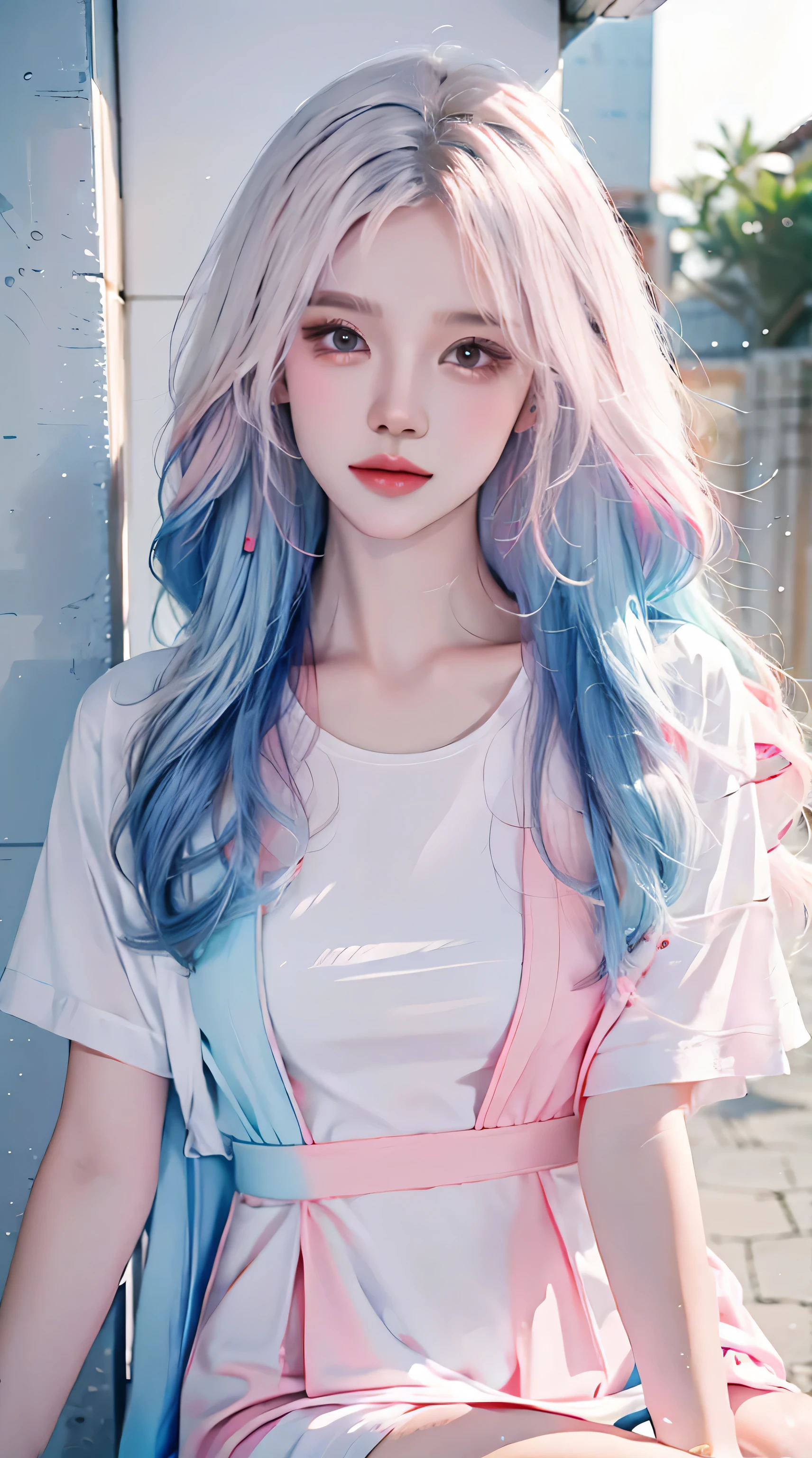 （masterpiece、best quality、high resolution），White background，acrylic paint，（（splash of color，Splash ink、splash of color）），sweet chinese girl，Long light blue hair，[light blue|pink big breasts]hair，curls，sparkling，pink lips，white shirt，street frontage，Above the legs