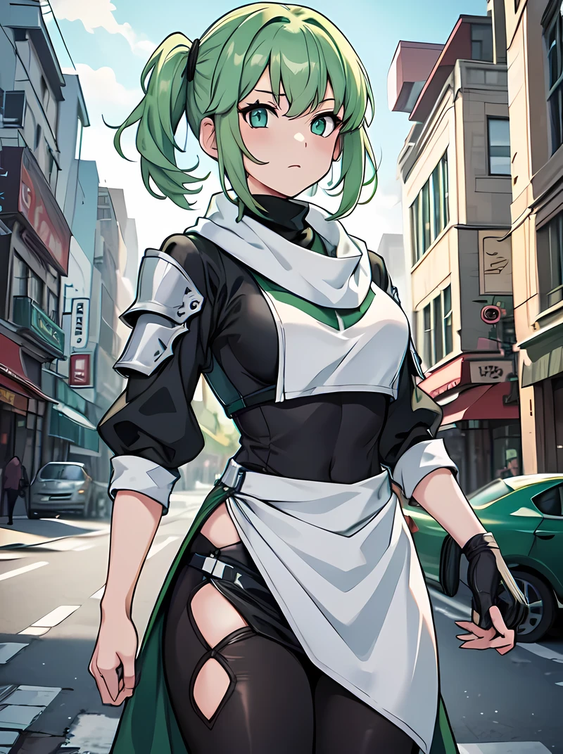 masterpiece, best quality, highres, 1girl, short green pastel hair, black shirt, turtleneck, long scarf, armor