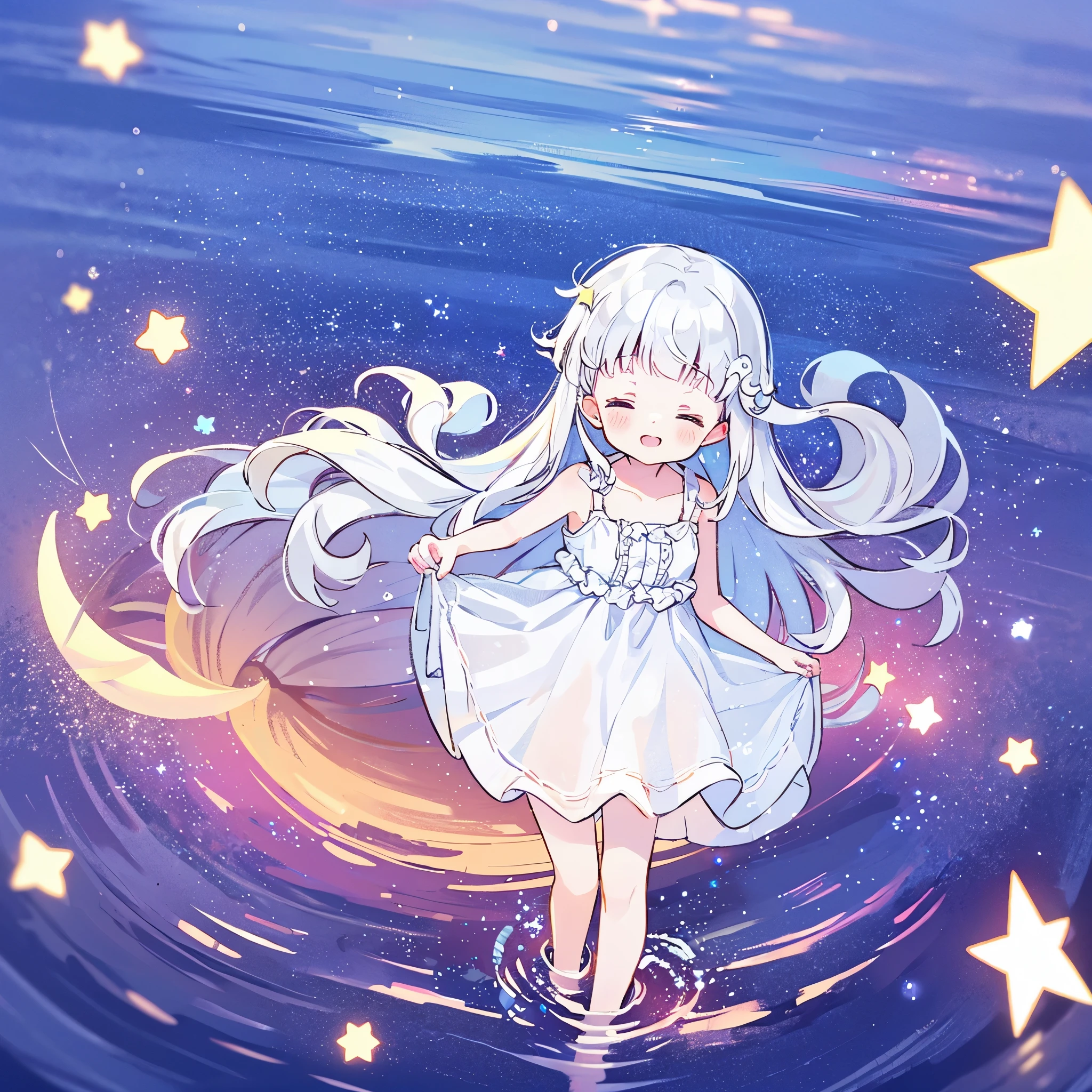 an ocean of stars, night sky, colorful, ethereal, charming girl in a white sheer babydoll dress, white hair, walking on the water, Her smile was filled with tenderness and joy, giant crescent white moon dipping into the water in the background, (((((((stars))))))