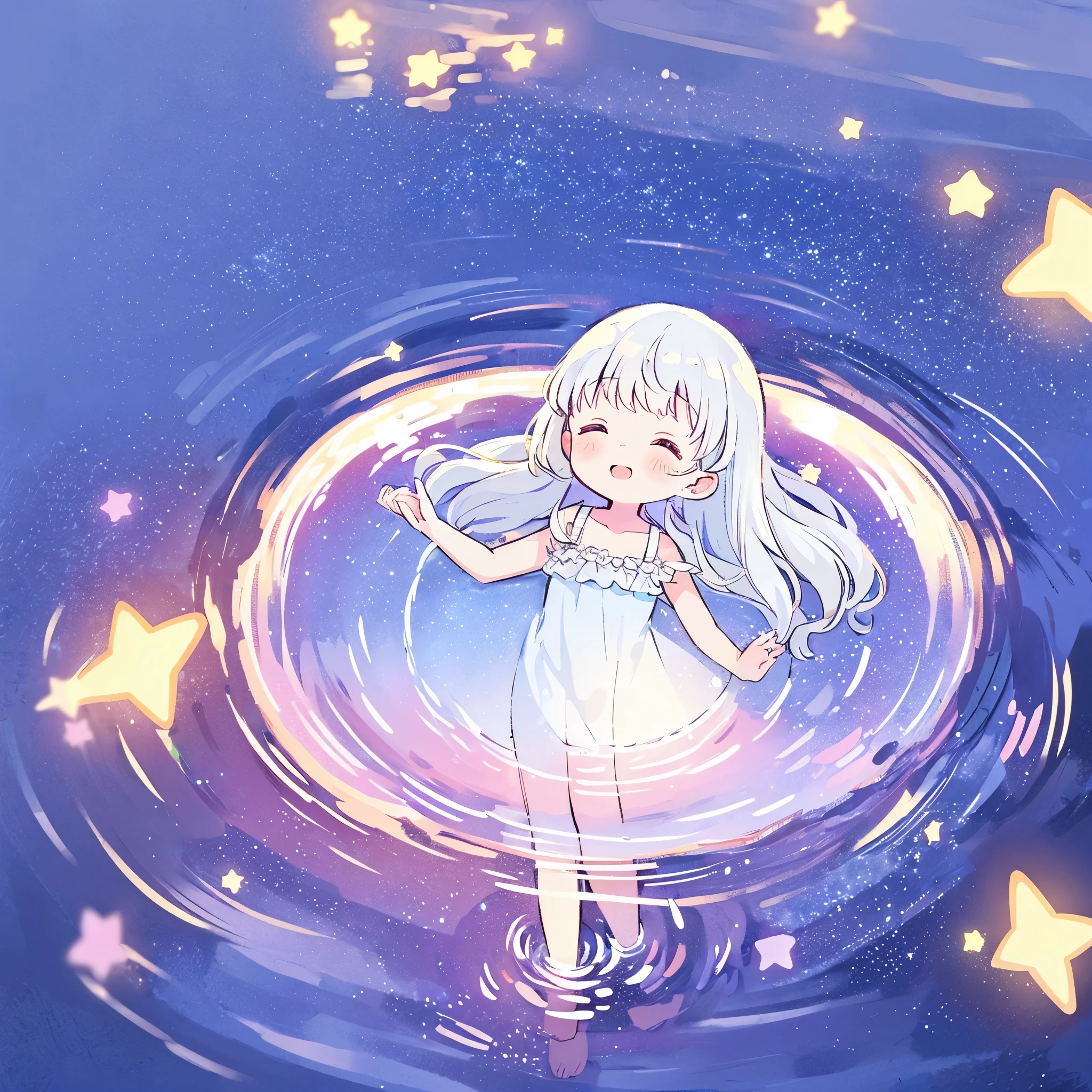 an ocean of stars, night sky, colorful, ethereal, charming girl in a white sheer babydoll dress, white hair, walking on the water, Her smile was filled with tenderness and joy, giant crescent white moon dipping into the water in the background, (((((((stars))))))