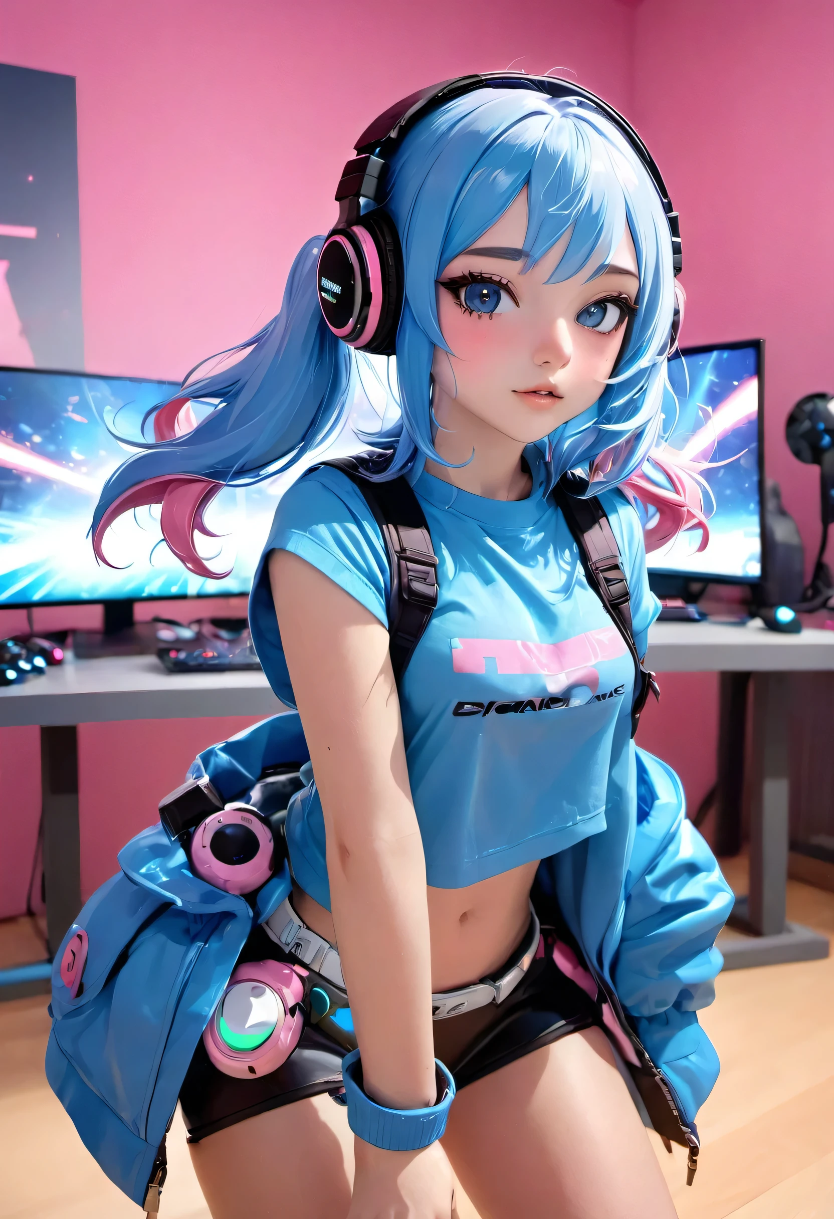 A girl with pink blue hair, wearing a colorful outfit and cosplay costume, stands in a dynamic pose. She has a playful expression on her face as she enjoys playing video games. The girl is a gamer, immersed in her virtual world, holding a console controller in one hand and a keyboard in the other. She wears headphones, symbolizing her dedication to gaming. The scene is set in a brightly lit studio with soft lighting, enhancing the vivid colors of the girl’s outfit. The composition is creative and cartoonish, with a background scenery featuring artistic interpretation of video game elements. Glowing digital effects surround the girl, adding to the energetic and action-packed atmosphere. Electric blue accents are scattered throughout the image, giving it a mysterious and futuristic feel. Overall, the prompt aims to capture the fun, enthusiasm, and creativity associated with gaming, while showcasing the girl's passion and love for video games in an anime-style artwork.
Gamer girl pink blue hair sexy outfit