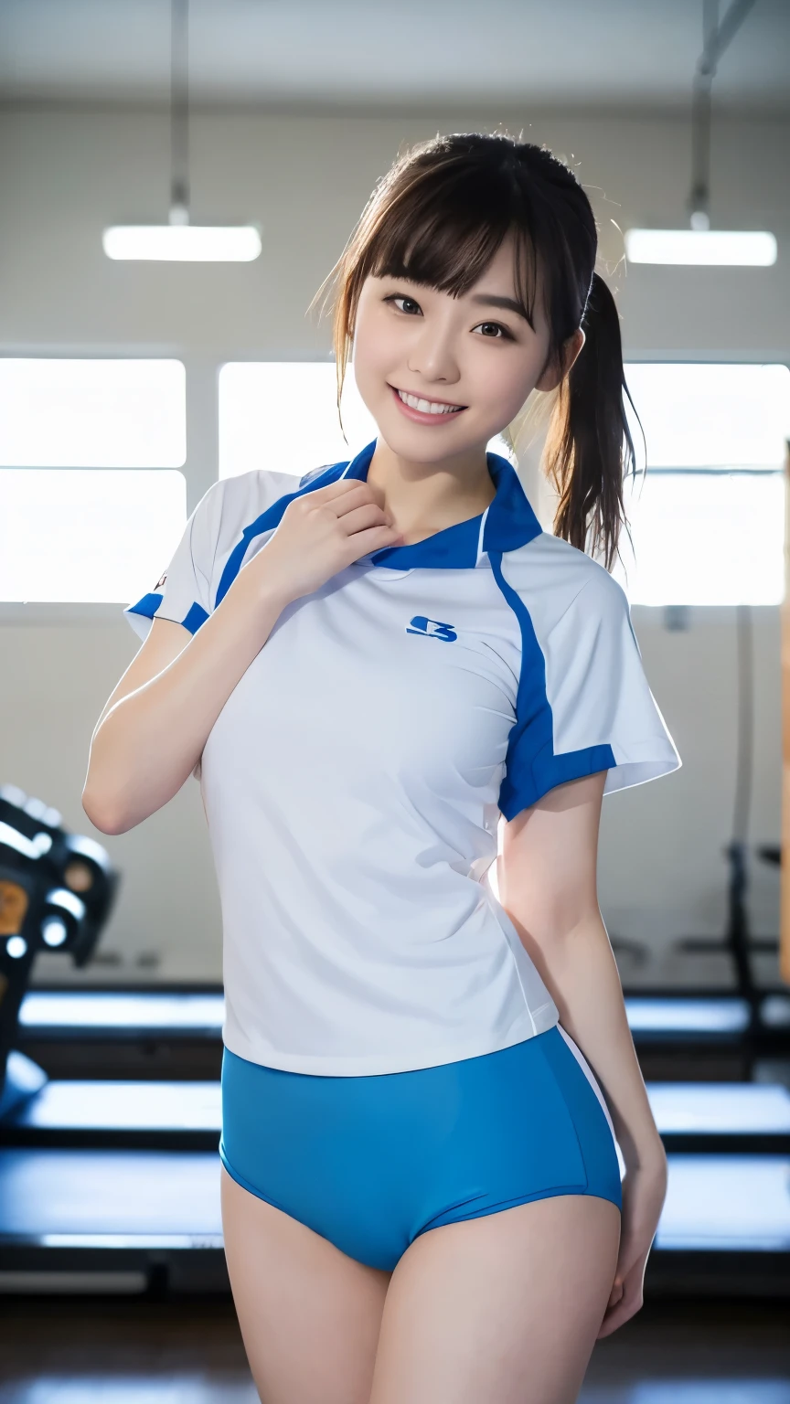 (8K, highest quality, Raw photo、masterpiece: 1.2), Super detailed, highest quality, ultra high resolution, professional lighting, photon mapping, radio city, Physically based rendering, cinematic lighting, Depth of written boundary, i concentrate,1 girl,************、 (full body shot),  ((school swimwear))((bloomers、bloomers, blue bloomers, gymnastics shirt, white t-shirt, Gym suit))(looking at the viewer:1.3) very slim, medium breasts,  ((hug your legs))cute, white skin、looking at the viewer, light smile,alone, enchanting smile, wide opening, professional lighting, Sony α7R4, Zecy 50mm F1.8, medium breasts,thin and beautiful eyes,