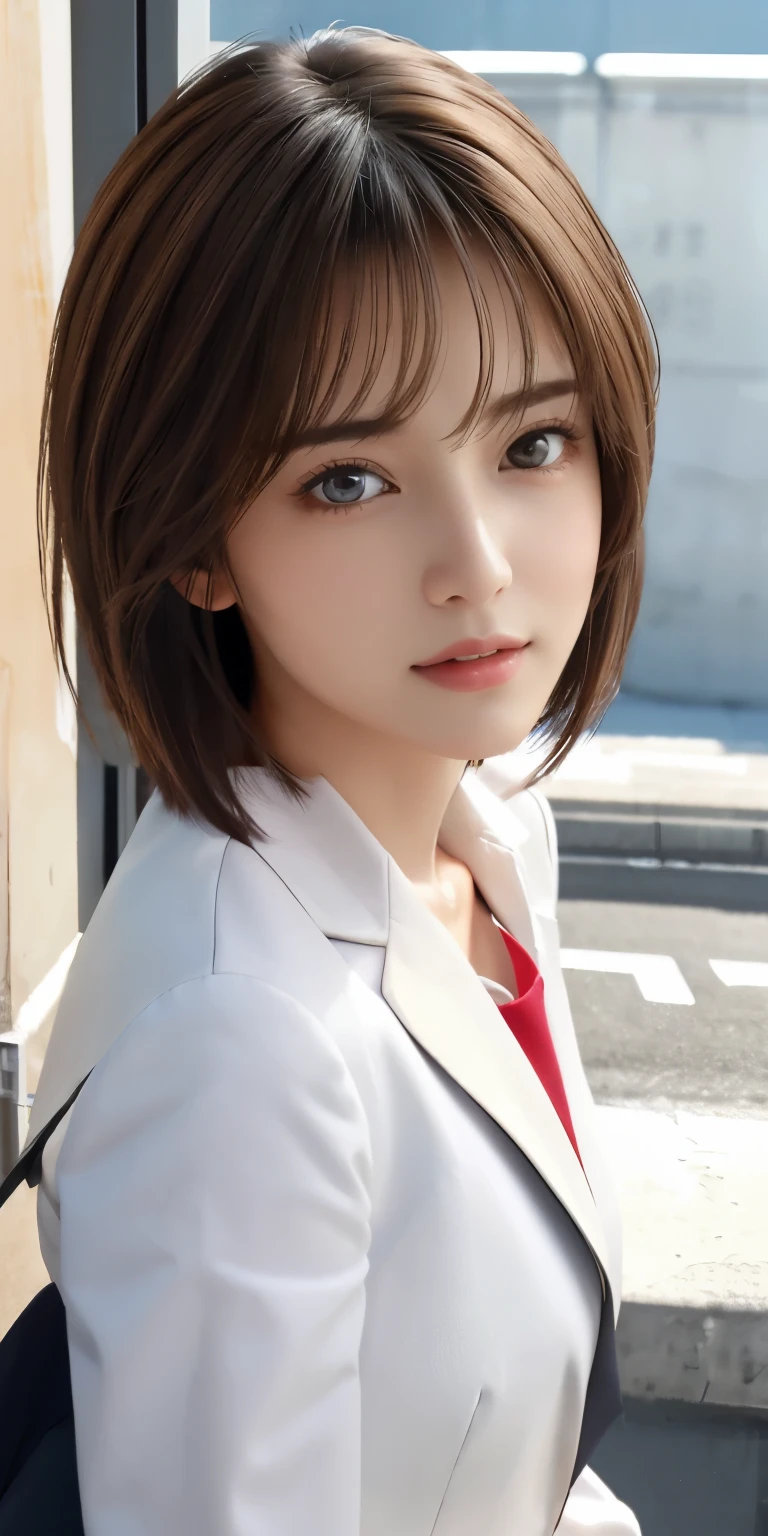 Photoreal、Masseter muscle part、highest quality、High resolution、Raw photo、realistic、bright lighting、face light、smooth professional lighting、alone、japanese woman、Half beauty、adult woman、Beautiful woman、modeled、gravure、sexy、super beautiful、realistic skin、realistic face、beautiful eyes、Big eyes、brown eyes、Inconspicuous tear bags、slim、medium big breasts、short hair、brunette colored hair、looking at camera、fun、Happy、Japanese high school girl uniform、blazer