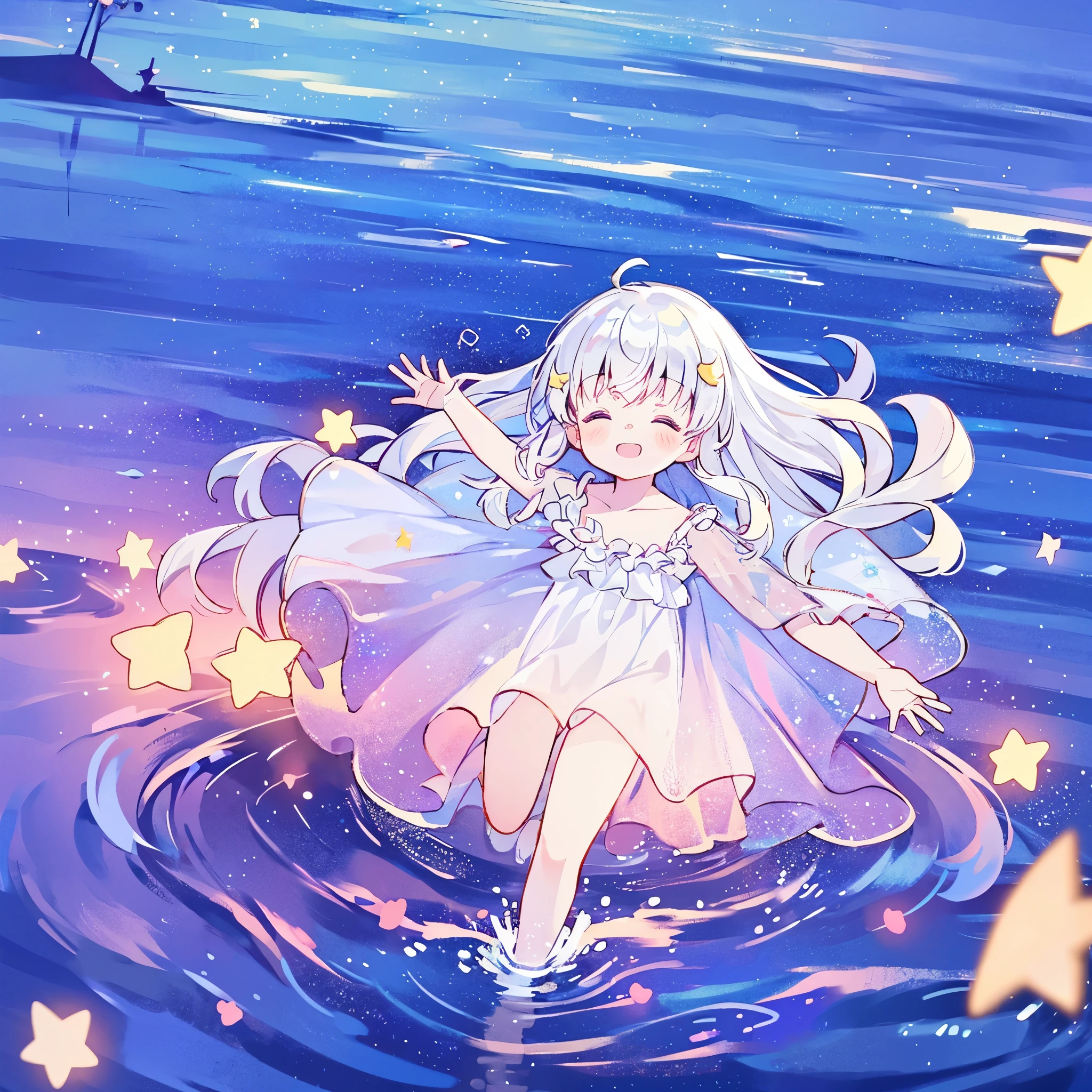 an ocean of stars, night sky, colorful, ethereal, charming girl in a white sheer babydoll dress, white hair, walking on the water, Her smile was filled with tenderness and joy, giant crescent white moon dipping into the water in the background, (((((((stars))))))