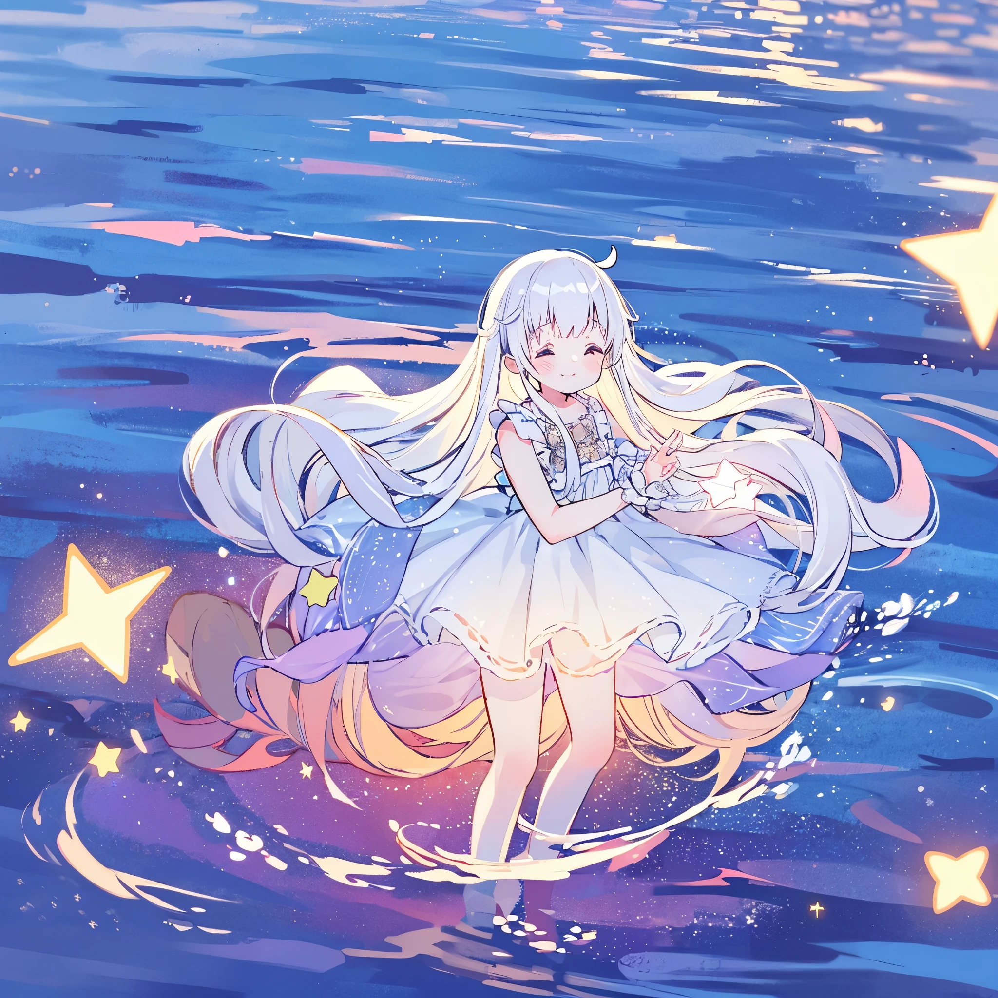 an ocean of stars, night sky, colorful, ethereal, charming girl in a white sheer babydoll dress, white hair, walking on the water, Her smile was filled with tenderness and joy, giant crescent white moon dipping into the water in the background, (((((((stars))))))
