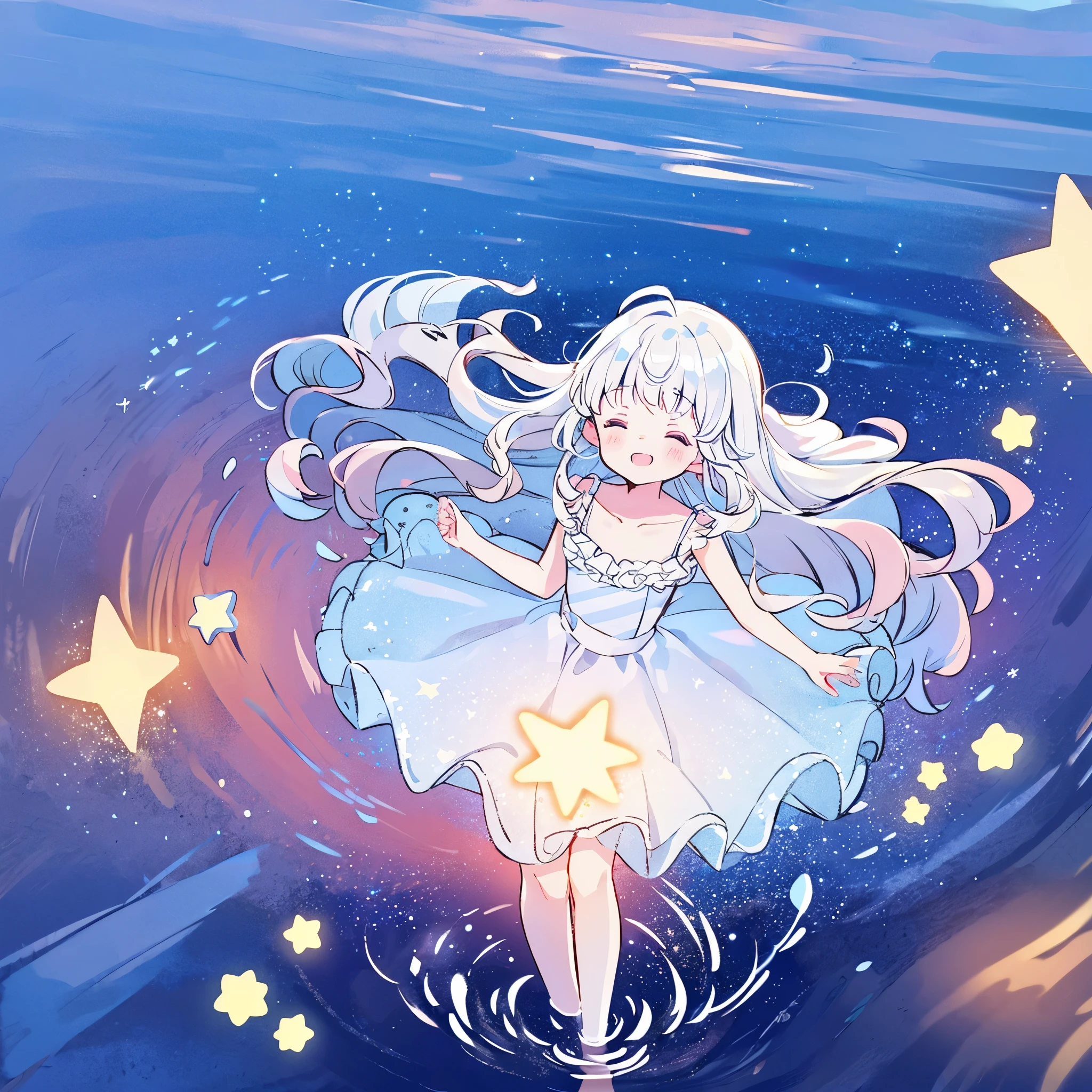 an ocean of stars, night sky, colorful, ethereal, charming girl in a white sheer babydoll dress, white hair, walking on the water, Her smile was filled with tenderness and joy, giant crescent white moon dipping into the water in the background, (((((((stars))))))