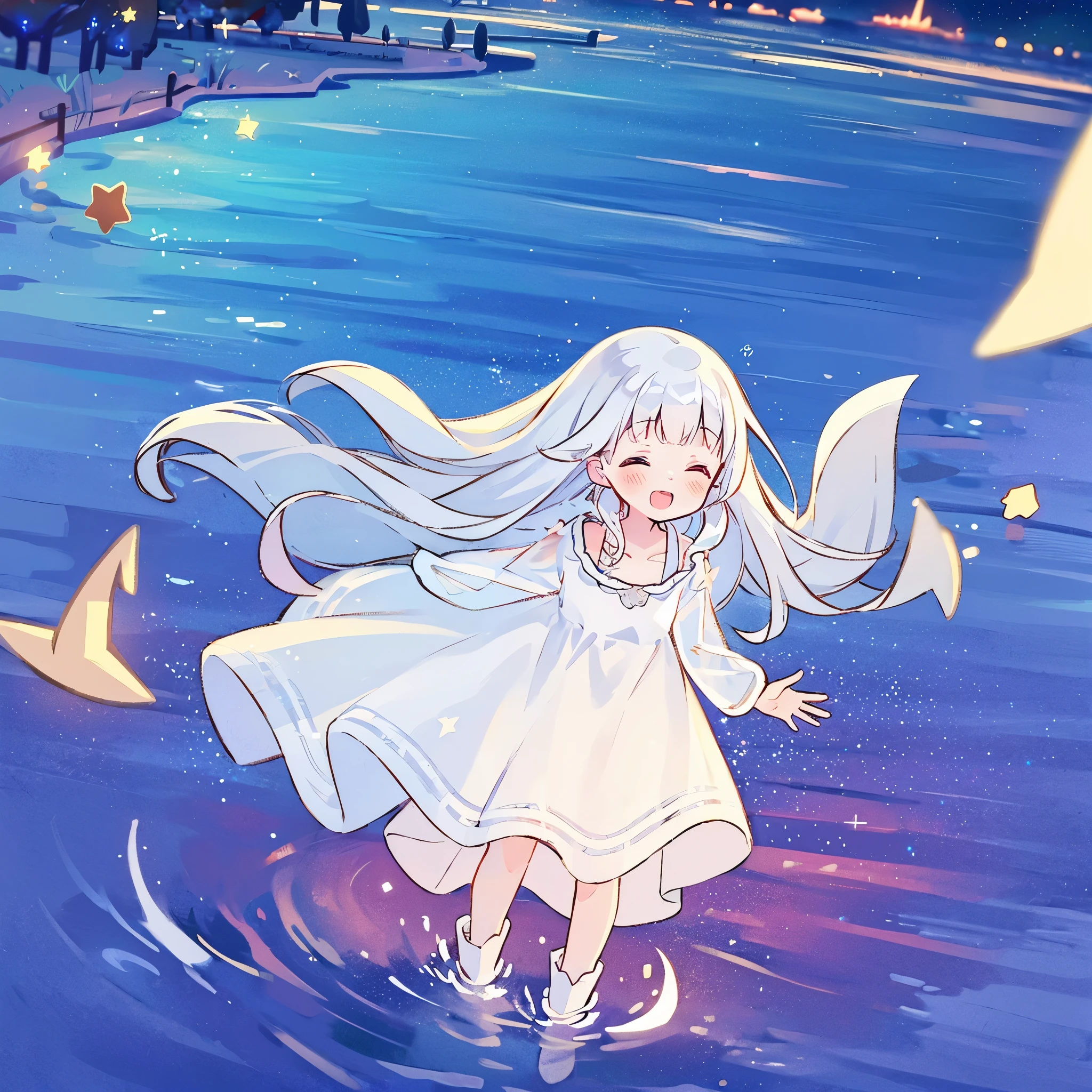 an ocean of stars, night sky, colorful, ethereal, charming girl in a white sheer babydoll dress, white hair, walking on the water, Her smile was filled with tenderness and joy, giant crescent white moon dipping into the water in the background, (((((((stars))))))
