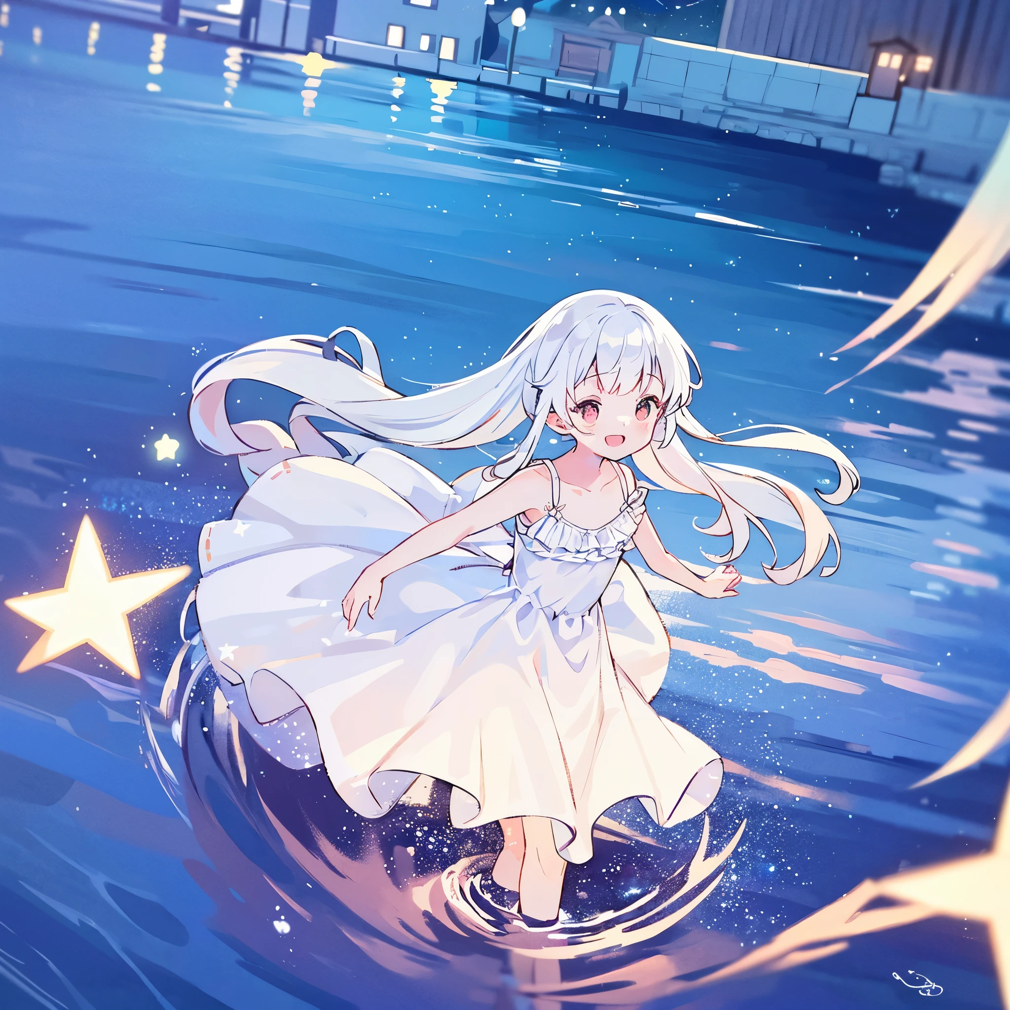 an ocean of stars, night sky, colorful, ethereal, charming girl in a white sheer doll dress, white hair, walking on the water, Her smile was filled with tenderness and joy, giant crescent white moon dipping into the water in the background, (((((((stars))))))