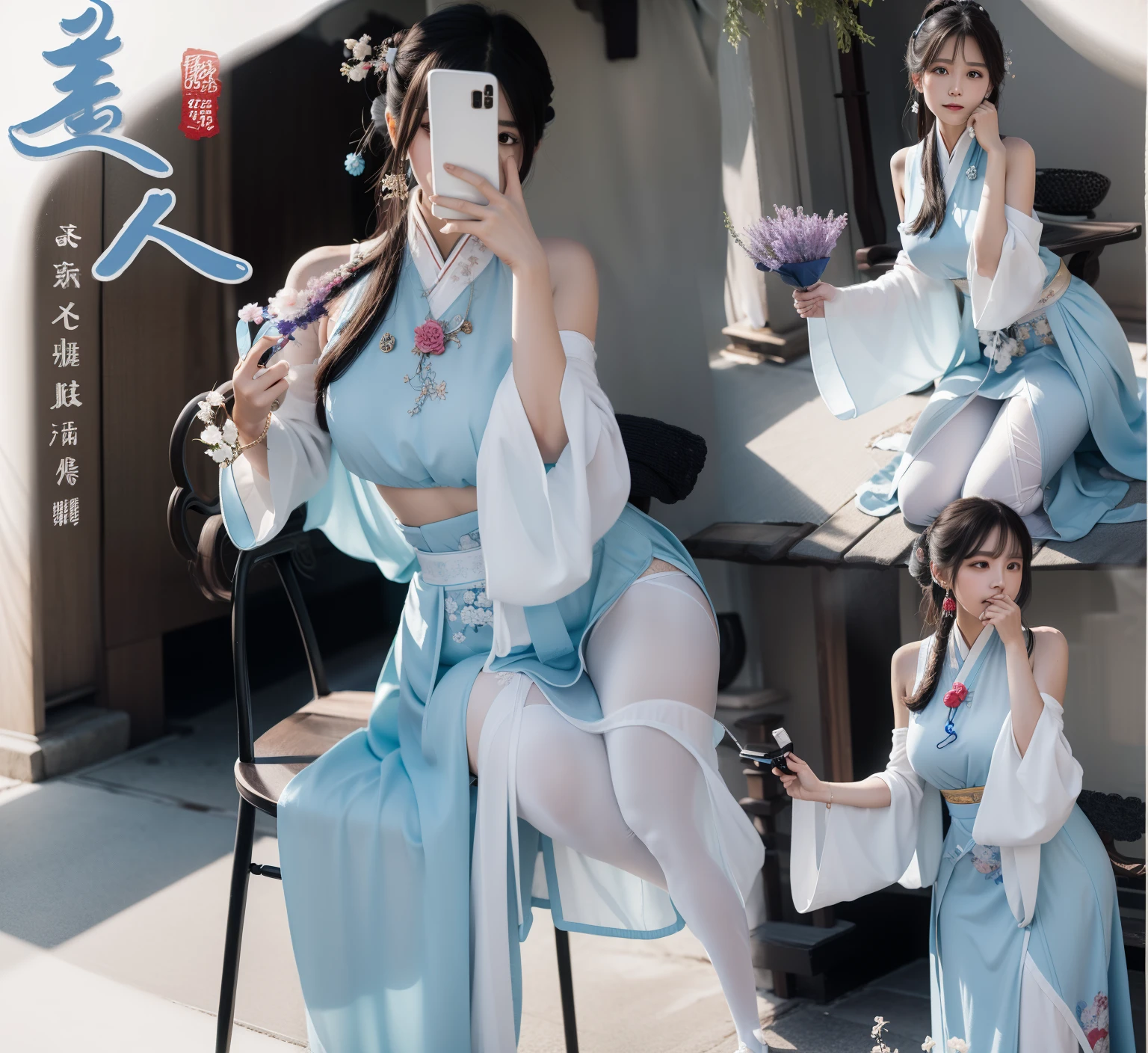 Close-up of a woman in a blue dress taking a photo,delicate face,白色Hanfu, Hanfu, palace , 一个穿着Hanfu的女孩, hanfu, Anime Girls Cosplay, cgstation trends, full body xianxia, Moon themed clothing, flowing magic robe, Outfits with blue accents, Inspired by Leng Mei, Chinese traditional clothing, Popular topics on cgstation