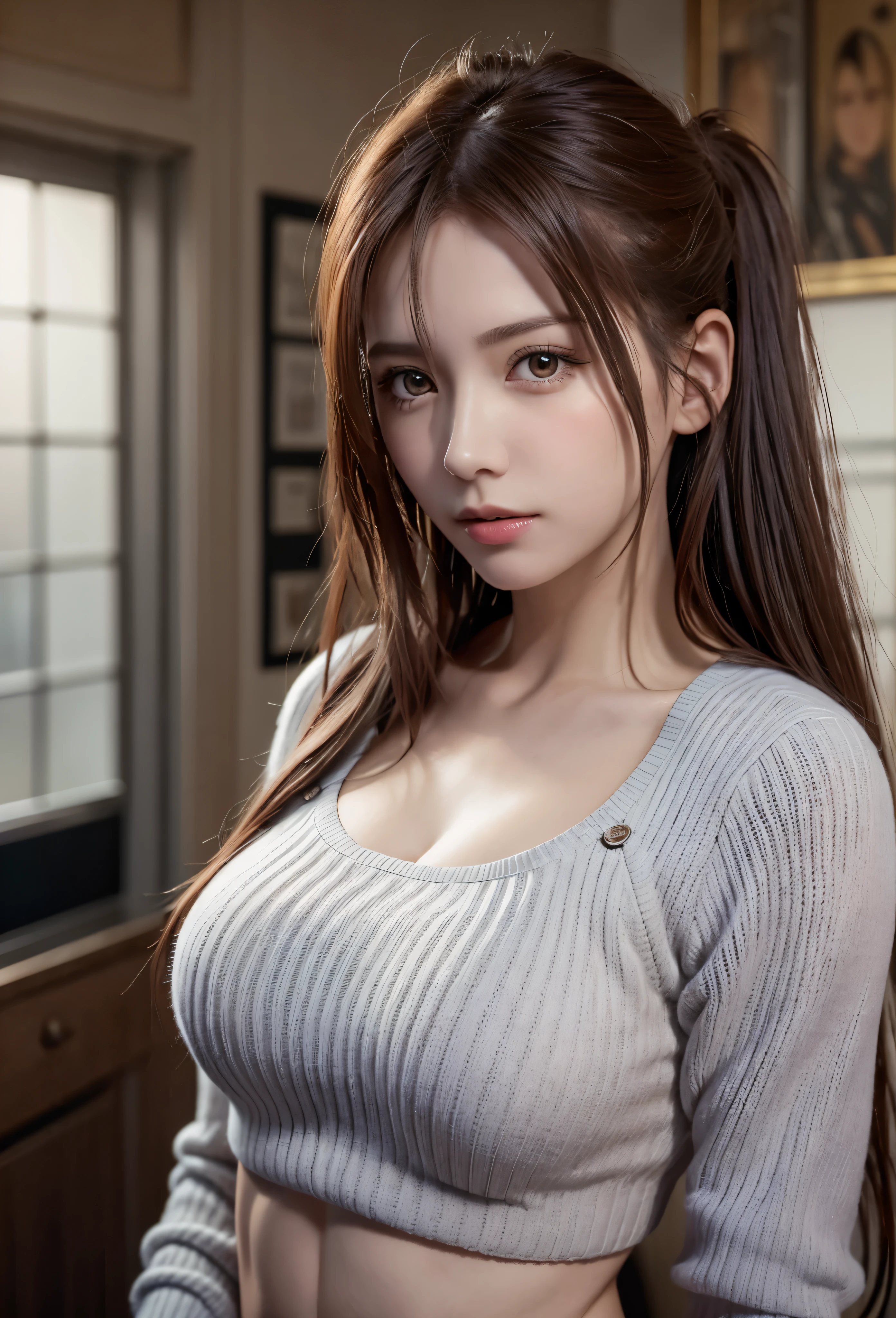8K, top quality, table top:1.2), (realistic, Photoreal:1.37), top quality, table top, beautiful young woman, pensive expression,、attractive、and an inviting look, oversized knitwear、cleavage, tie hair back, movie background, bright skin tone