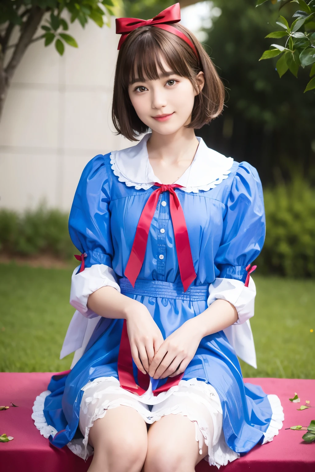 (alice in wonderland), 1, (He wears a large triangular ribbon on his head.....), short hair, young woman, gentle smile, colorful clothes
