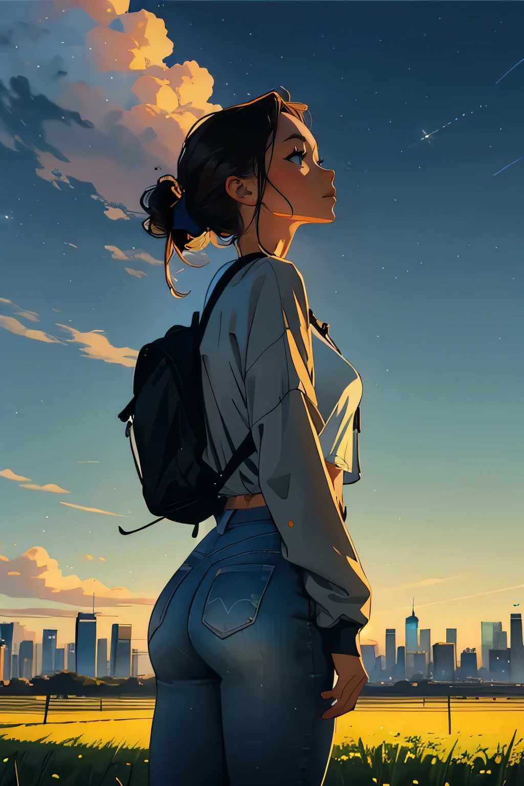 Vast sky, it is raining,beautiful skyline, wide meadow, Intense tension and dramatic video, moving visual effects, hanging north star, colorful natural light. A girl with a long-sleeved top, jean, perfect tits and ass, and backpack,Look up at the sky