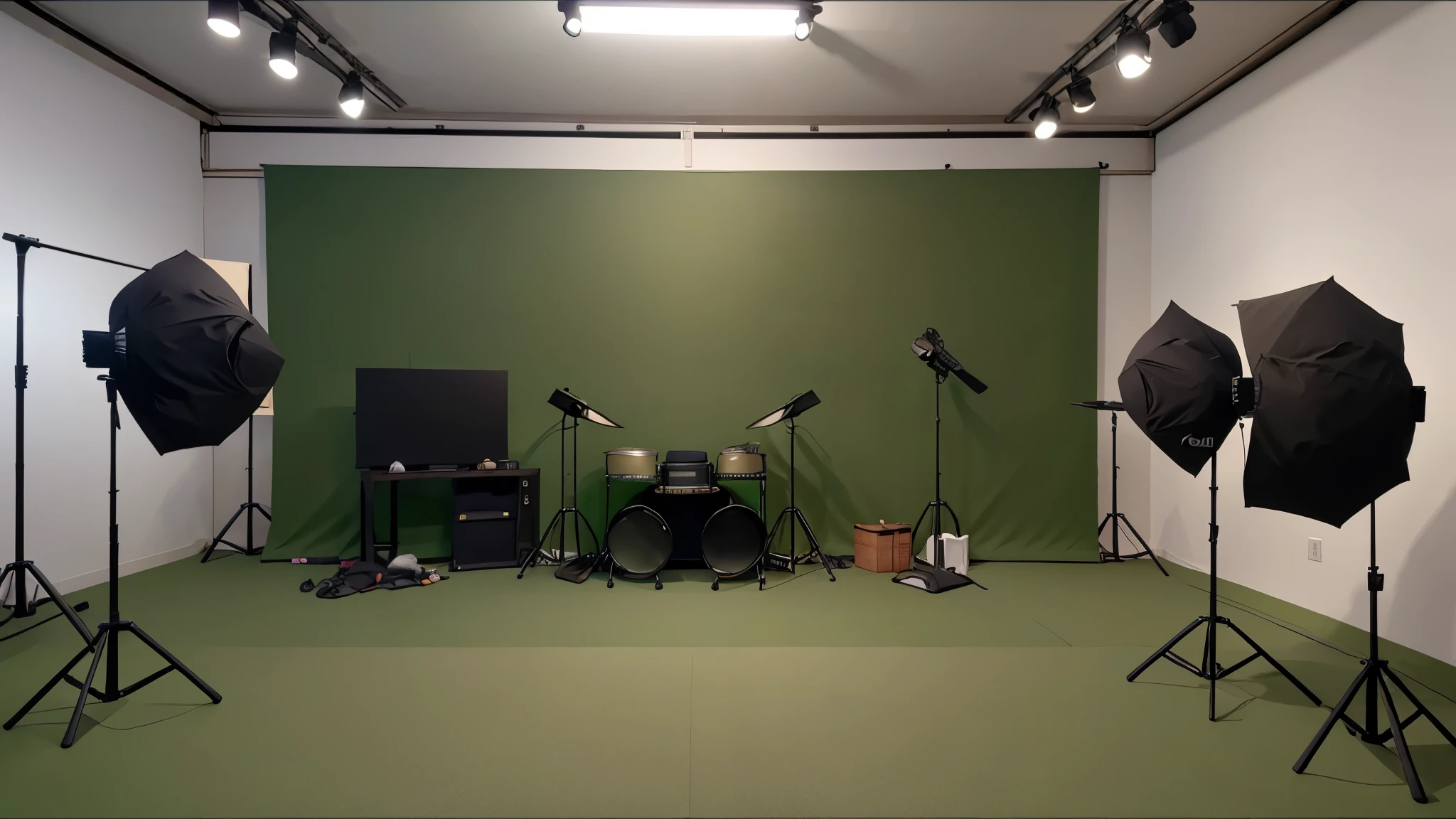 a dimly lit green screen room with a table and stools, Zhongshan Zheng&#39;s photo, No splashing, video art, green screen, green screen background, 4k studio photo, studio background, studio 4k, 4k studio lighting, studio background, Kyoto Studio, television studio, plain studio background, Youfutai Studio, 8K studio lighting