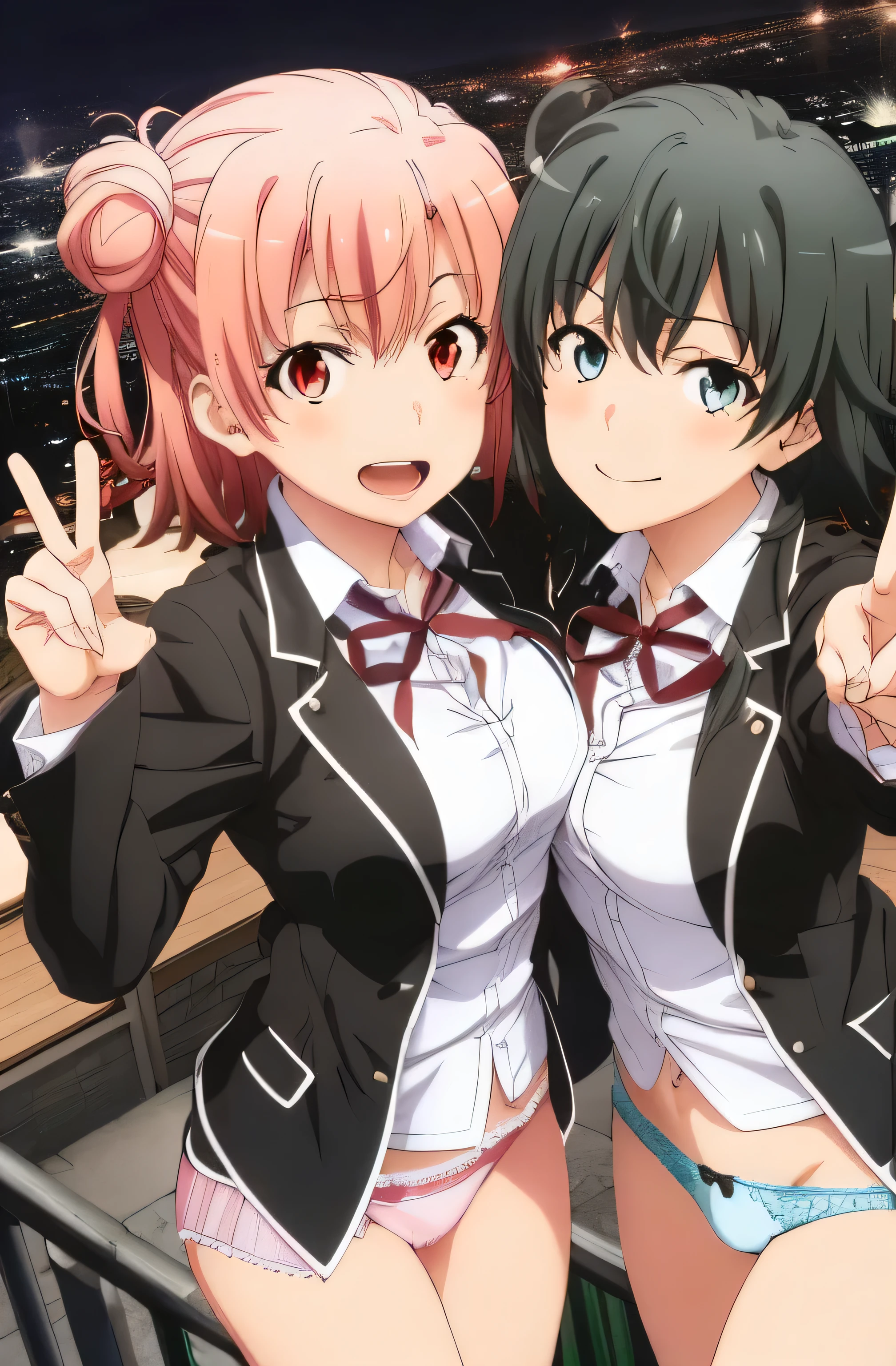 2 girls ,(yuigahama yui'nice big bust, waltz dance ,uniform,black blazer,white shirt,ribbon,light pink panties,thighs,((high angle:1.0)),Take a look here,I'I'I'm embarrassed and blush,open mouth smile,beautiful eyes,downtown at night