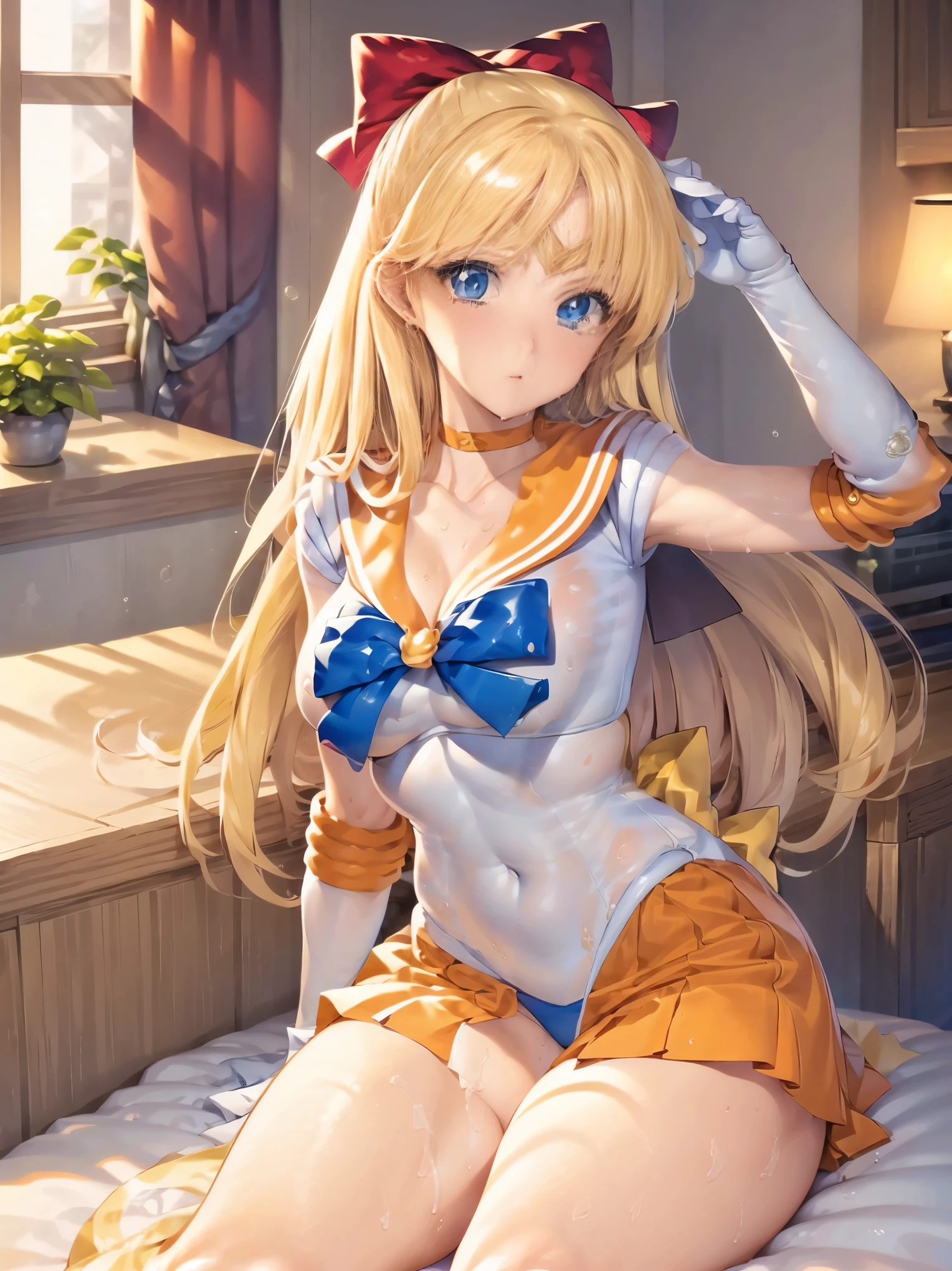 1 girl, light smile, shiny skin, highest quality, table top, (game CG:1.4), NSFW, detailed beautiful face and eyes,big breasts、Lingerie with a small area, sailor venus, I could feel the fight, Severe, cowboy shot、big and full breasts、full moon night、starry sky、((highest quality)), (Super detailed), (very detailed CG 統合 8k 壁紙), very detailed, High resolution raw color photos, professional photography, ((beautiful big breasts)), wonderful face and eyes,, (see through panties:1.2),、、 giant art, macro giant, crying expression　open your mouth　narrow your eyes　　stick out your hips　open your legs　lie on your back　Full body painting　put your hand on your crotch　I can see the armpits　　barefoot　please open your legs　bend your knees　Peeing　yellow water flowing from the crotch　full of sweat　Her leotard is wet and her skin is visible.　soak in white slime　pool full of white slime　Indulge