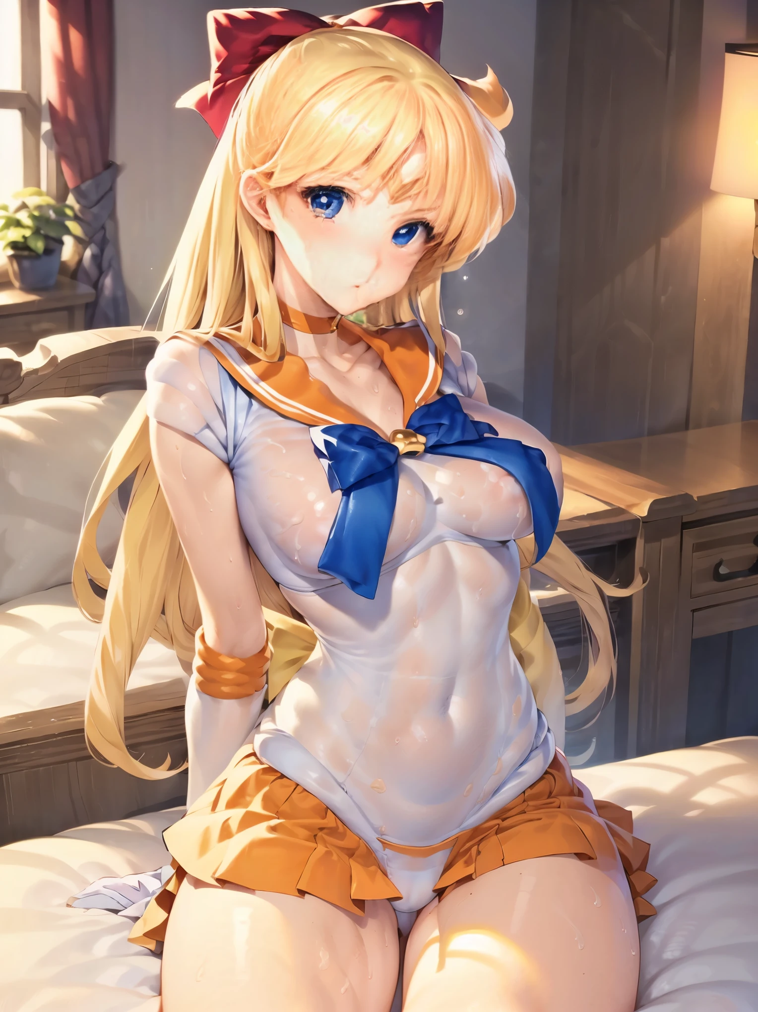 1 girl, light smile, shiny skin, highest quality, table top, (game CG:1.4), NSFW, detailed beautiful face and eyes,big breasts、Lingerie with a small area, sailor venus, I could feel the fight, Severe, cowboy shot、big and full breasts、full moon night、starry sky、((highest quality)), (Super detailed), (very detailed CG 統合 8k 壁紙), very detailed, High resolution raw color photos, professional photography, ((beautiful big breasts)), wonderful face and eyes,, (see through panties:1.2),、、 giant art, macro giant, crying expression open your mouth narrow your eyes stick out your hips open your legs lie on your back Full body painting put your hand on your crotch I can see the armpits barefoot please open your legs bend your knees Peeing yellow water flowing from the crotch full of sweat Her leotard is wet and her skin is visible. soak in white slime pool full of white slime Indulge
