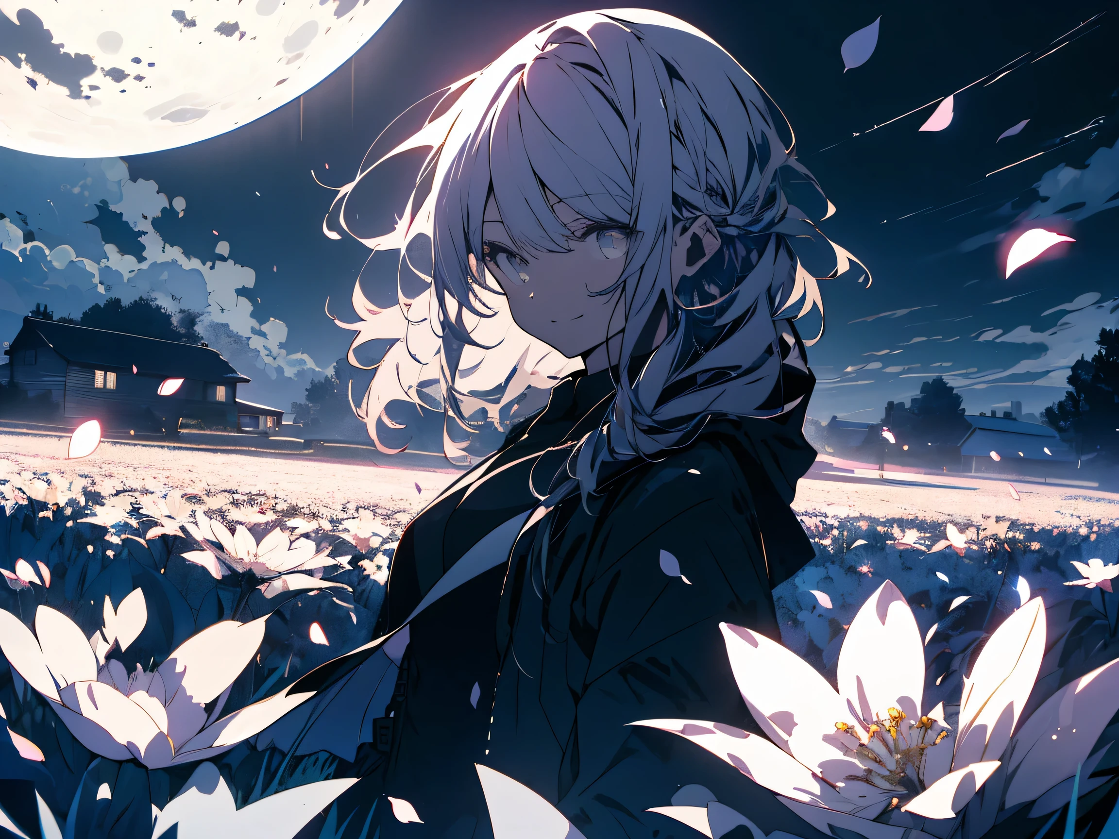 masterpiece, highest quality,(Shining eyes、detailed beautiful face), 1 girl, (colorful),(Finely drawn beautiful eyes and detailed face),cinematic lighting,bust shot,very detailed、8K wallpaper,gray hair,alone,smile,intricate skirt,((flying petals)),(flowering meadow), null, cloudy_null, building, moonlight, moon, night, (dark theme:1.3), light, fantasy,(highest quality、masterpiece、High resolution、detailed)、beautiful anime