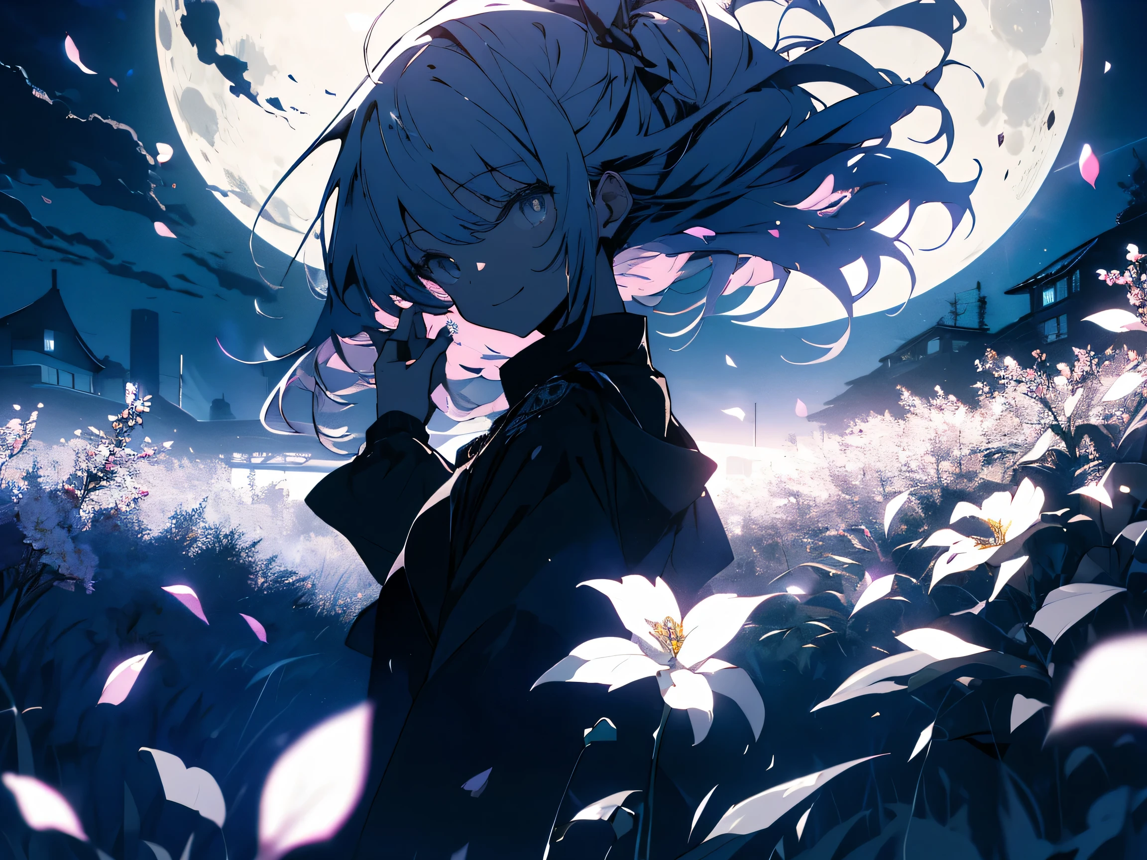 masterpiece, highest quality,(Shining eyes、detailed beautiful face), 1 girl, (colorful),(Finely drawn beautiful eyes and detailed face),cinematic lighting,bust shot,very detailed、8K wallpaper,gray hair,alone,smile,intricate skirt,((flying petals)),(flowering meadow), null, cloudy_null, building, moonlight, moon, night, (dark theme:1.3), light, fantasy,(highest quality、masterpiece、High resolution、detailed)、beautiful anime