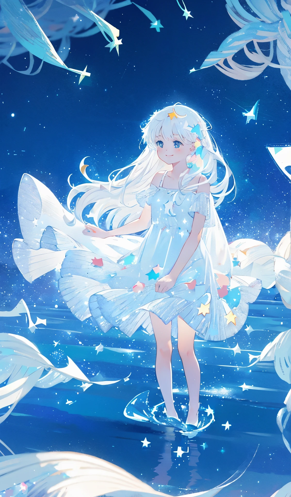 an ocean of stars, night sky, colorful, ethereal, charming girl in a white sheer babydoll dress, white hair, walking on the water, Her smile was filled with tenderness and joy, giant crescent white moon dipping into the water in the background, (((((((stars))))))
