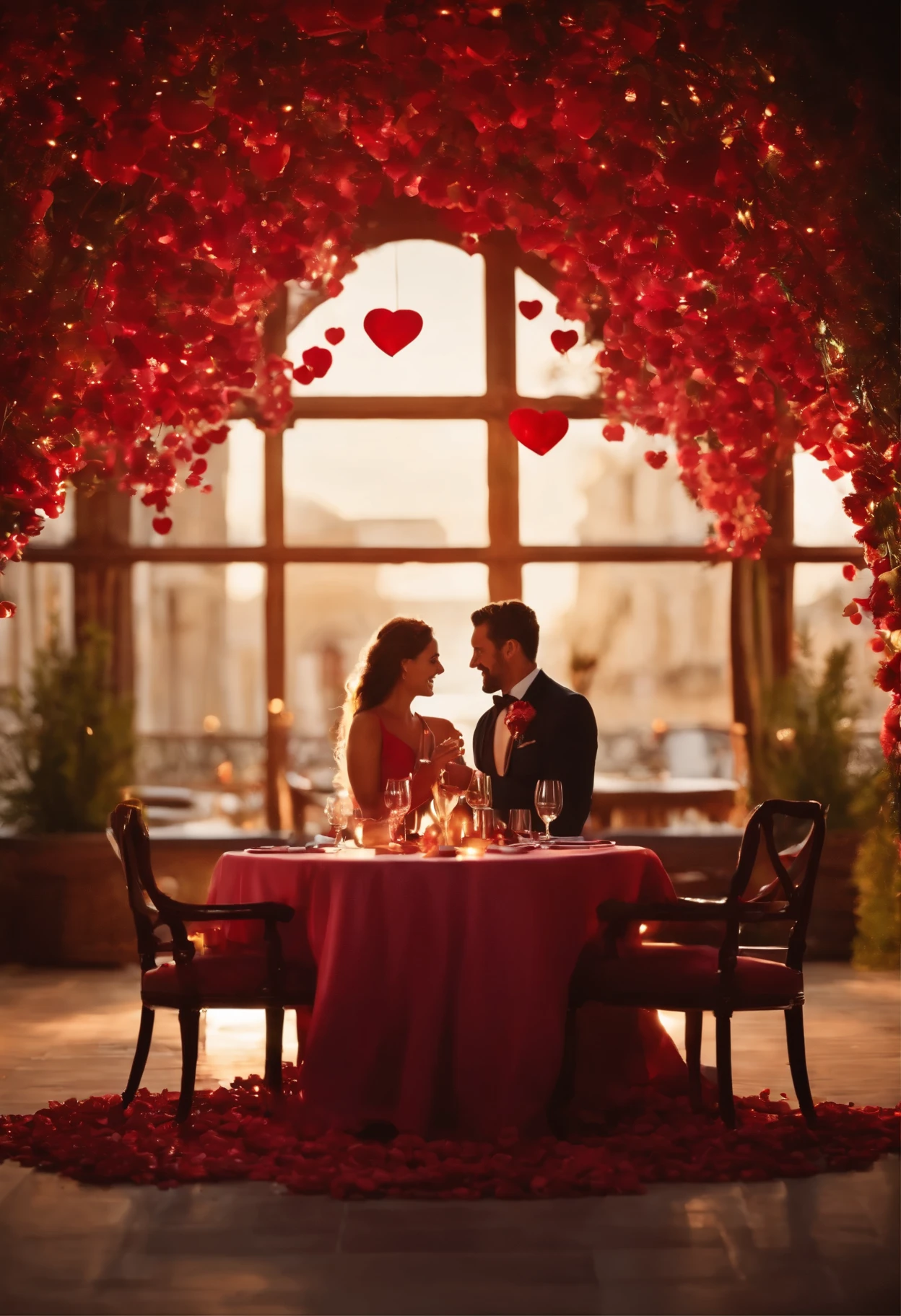 Describe a cinematic scene of a couple celebrating Valentine's Day in a fancy restaurant, radiantes de felicidade. Destaque os detalhes mais finos, como os talheres reluzentes sobre a mesa elegantemente arrumada, as velas cintilantes iluminando o ambiente e os sorrisos brilhantes do casal enquanto eles compartilham momentos especiais juntos. Capture the romantic atmosphere and palpable love in the air, com tons quentes e suaves, conveying a feeling of warmth and romance