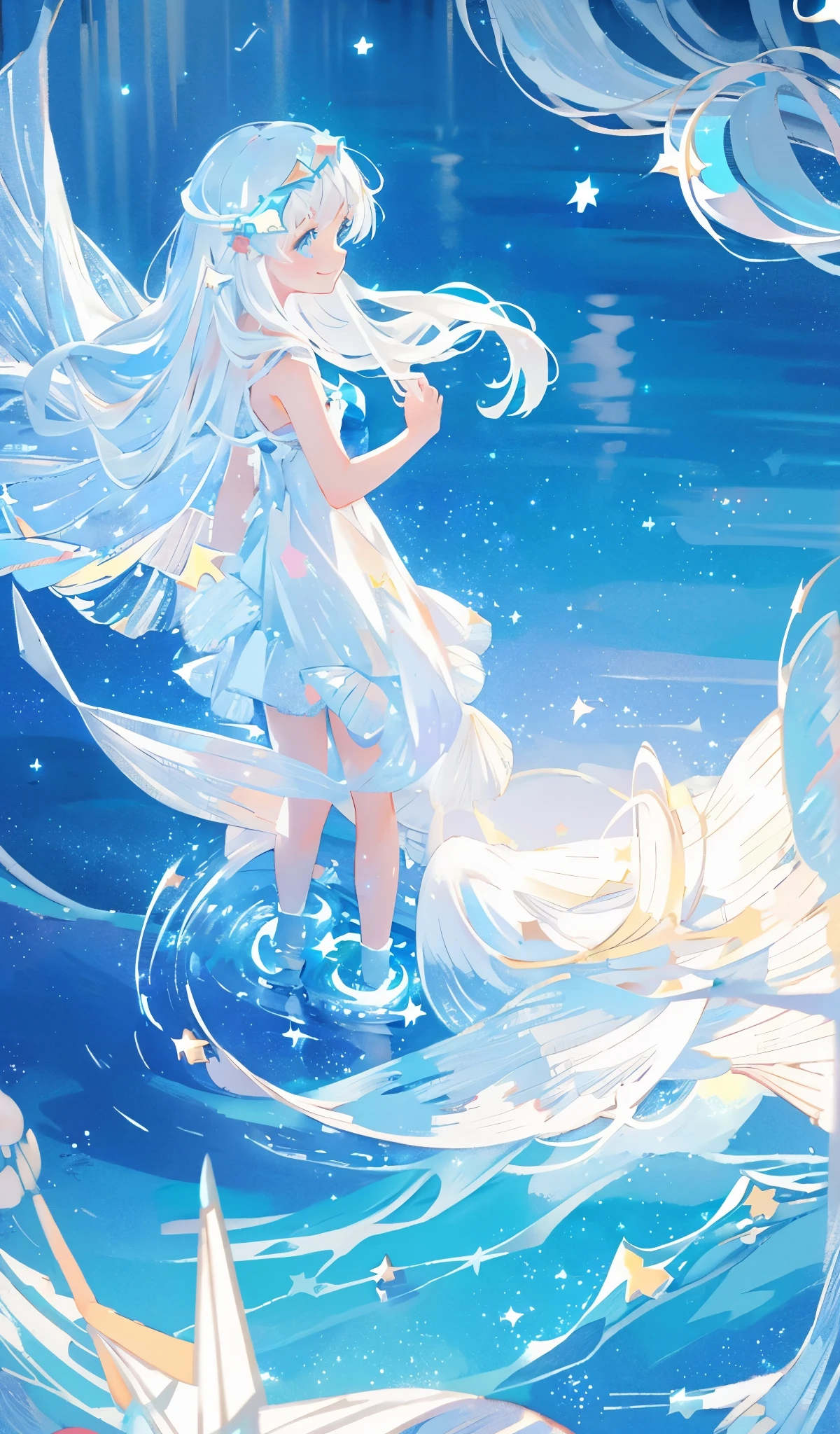 an ocean of stars, night sky, colorful, ethereal, charming girl in a white sheer babydoll dress, white hair, walking on the water, Her smile was filled with tenderness and joy, giant crescent white moon dipping into the water in the background, (((((((stars))))))