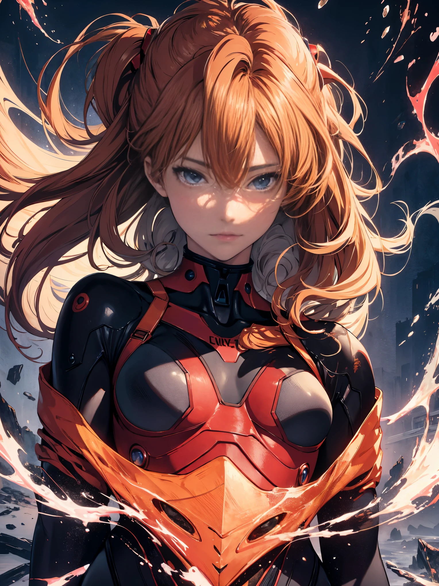 official art, unity 8k wallpaper, super detailed, beautiful and aesthetic, masterpiece, highest quality, realistic, close, skin dents, Soryu Asuka Langley, interface headset, bodysuit under clothes, fine eyes, detailed face, fine hair, black background, straight, looking at the viewer, shiny,