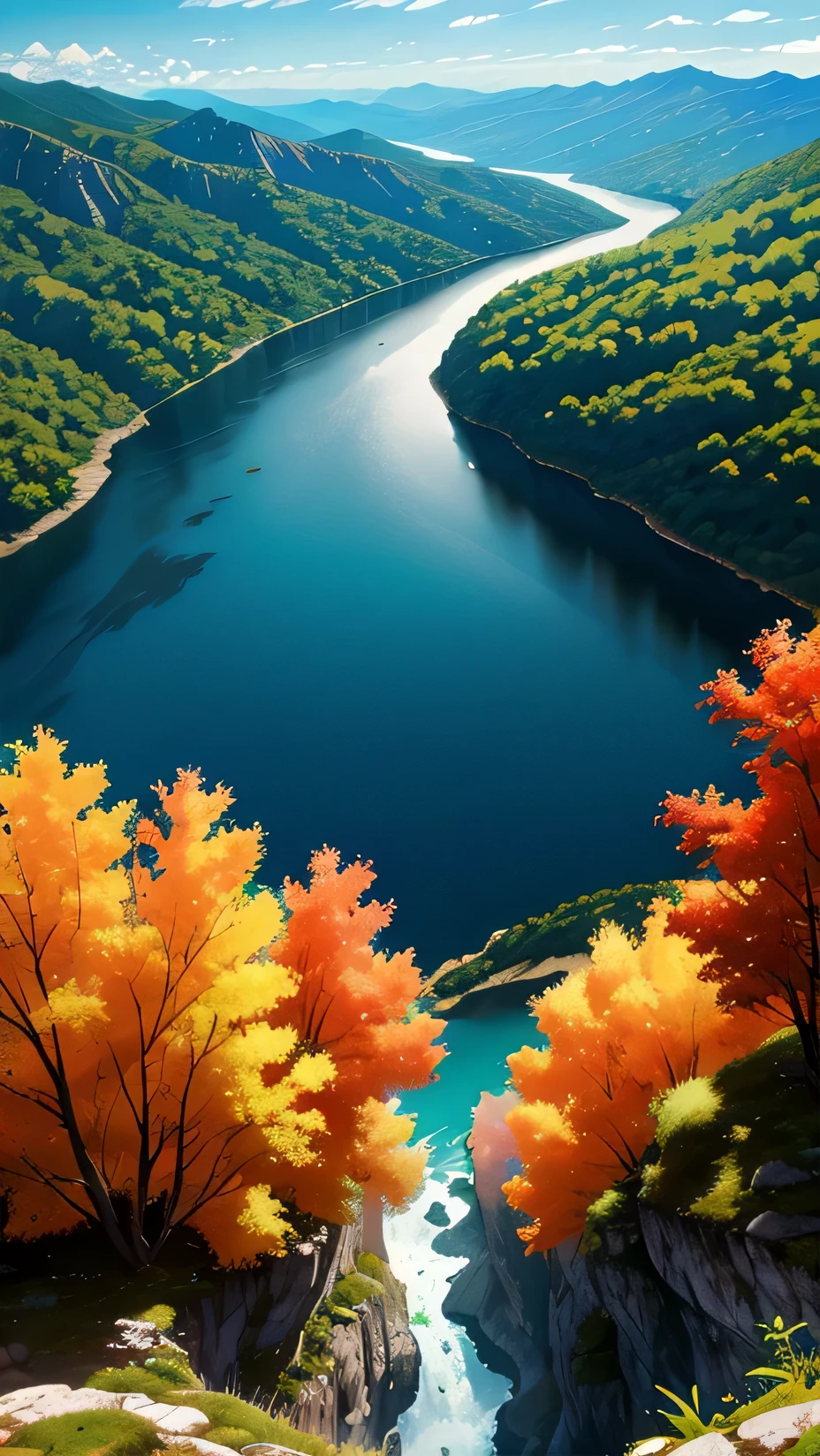 obra maestra,Mejor calidad,1 “From the top of an imposing cliff, spreads an epic landscape of steep mountains and deep valleys. Las nubes flotan suavemente sobre las cumbres, mientras el sol ilumina el paisaje con tonos dorados y rosados. Abajo, a river meanders through the trees, agregando un toque de frescura y vida a esta vista impresionante desde las alturas.”