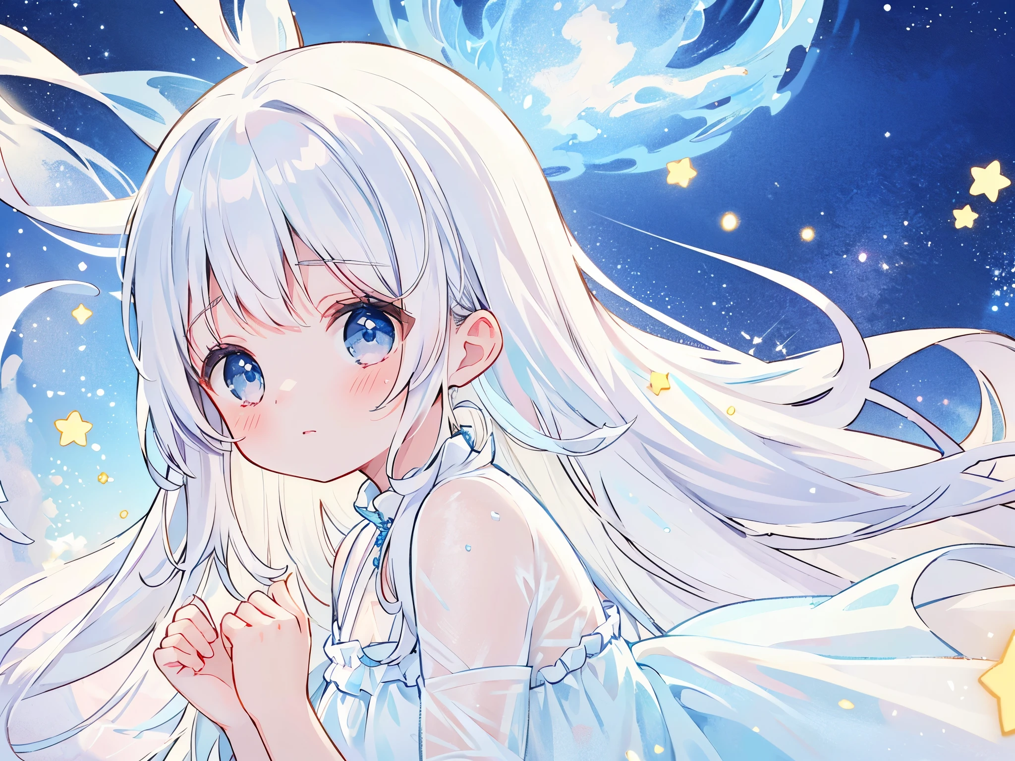 beautiful girl with white hair, looking away, profile view, sadness, a tear slides down her cheek as she looks out over an ocean of stars, ocean of stars background, she wears a long flowing sheer translucent white dress, blue eyes, magical, whimsical, dreamy, golden ratio, perfection, serene, masterpiece, best quality, midjourney style, soft pastel colors
