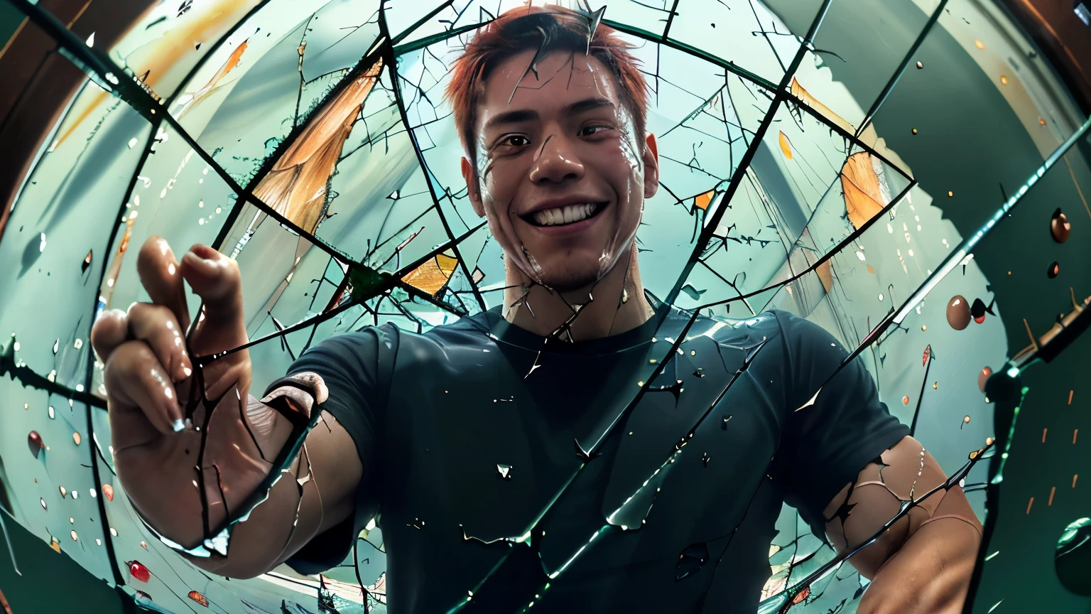 YujiroHanma, 1boy, male focus, solo, black shirt, muscular male, red hair, manly, (veins:1.1), pupils, brown eyes, face, (grin:1.1), (glass:1.2), (broken glass:1.3), (face bumping glass:1.1), (cracked glass:1.2), (fisheye:1.4), close-up, circle, rolling eyes, masterpiece, best quality, highres