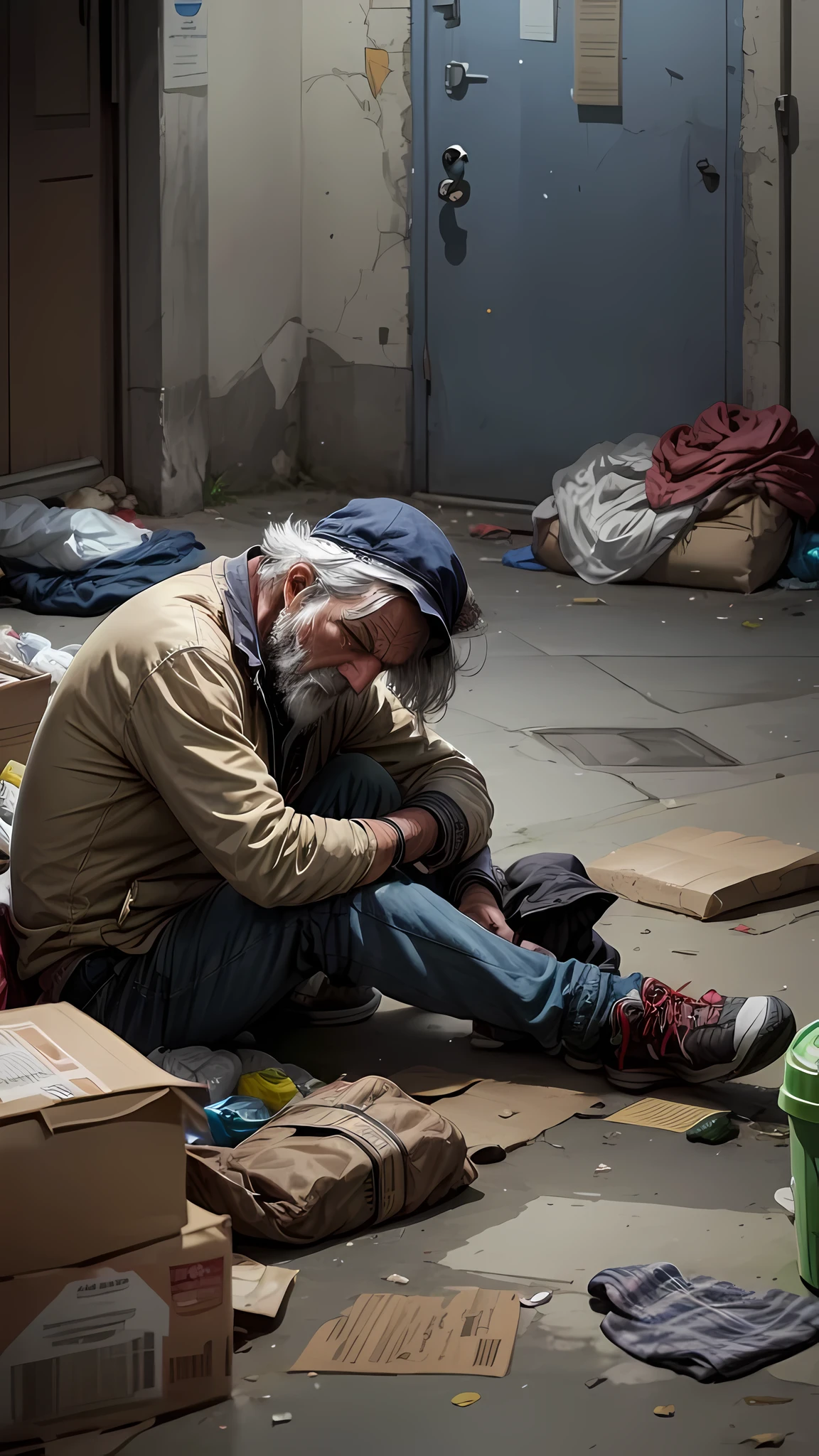a man of approximately 40 years old, homeless head down