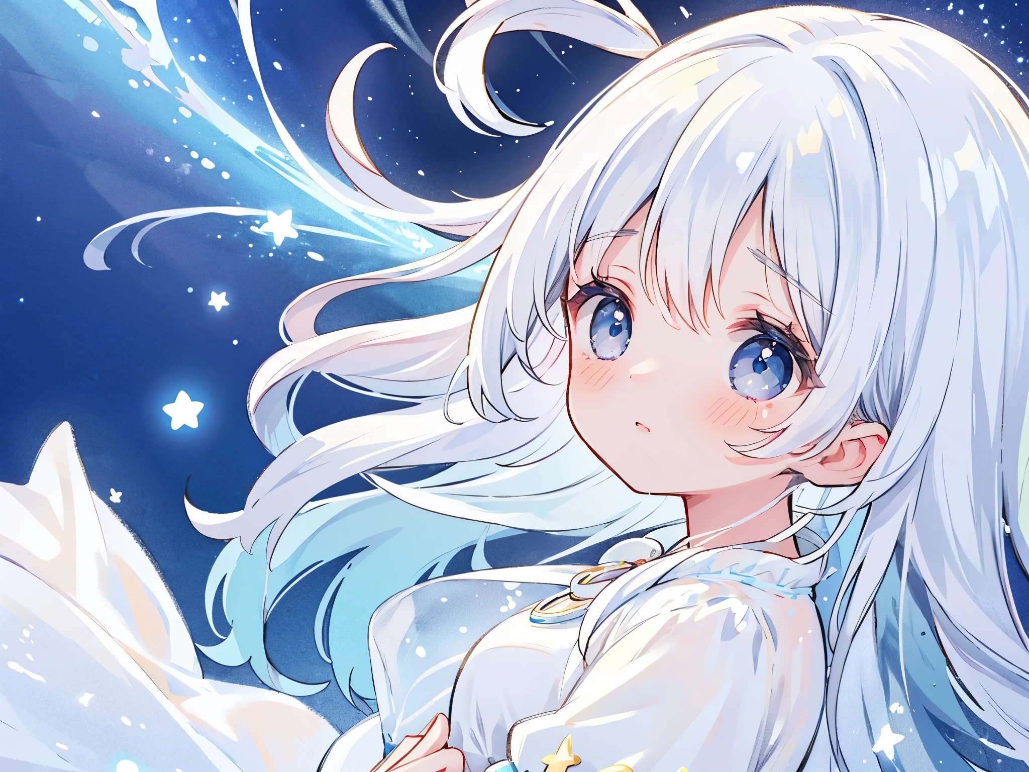 beautiful girl with white hair, looking away, profile view, sadness, a tear slides down her cheek as she looks out over an ocean of stars, ocean of stars background, she wears a long flowing sheer translucent white dress, blue eyes, magical, whimsical, dreamy, golden ratio, perfection, serene, masterpiece, best quality, midjourney style, soft pastel colors