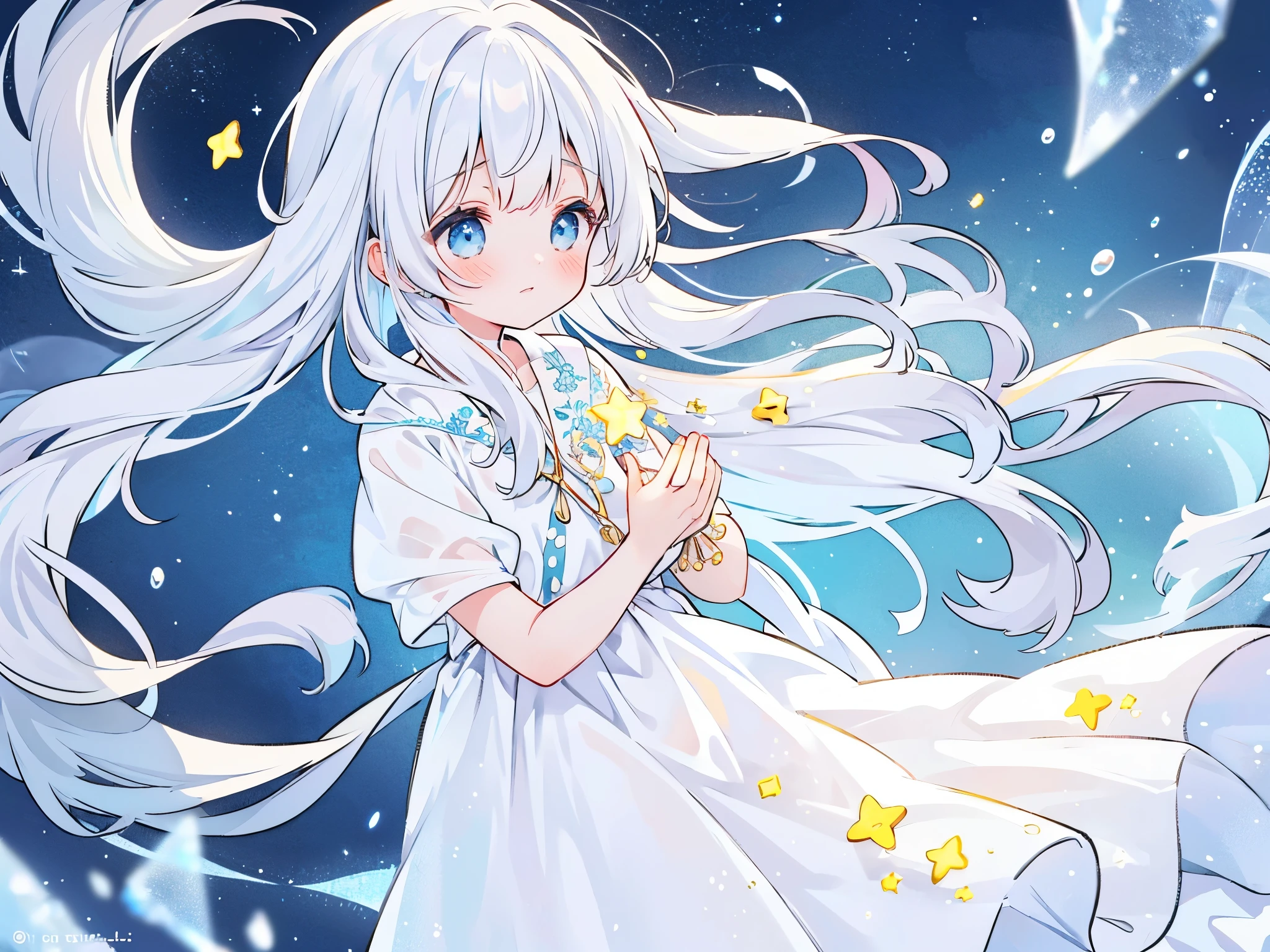 beautiful girl with white hair, looking away, profile view, sadness, a tear slides down her cheek as she looks out over an ocean of stars, ocean of stars background, she wears a long flowing sheer translucent white dress, blue eyes, magical, whimsical, dreamy, golden ratio, perfection, serene, masterpiece, best quality, midjourney style, soft pastel colors