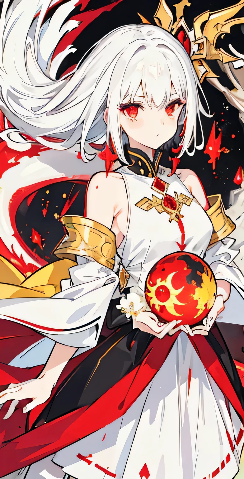 Girl with white hair and few black strands. Yellow and red starry eyes. She is wearing a red tattered dress with a white dragon pattern on it, she is holding a orb of yellow arcane energy.