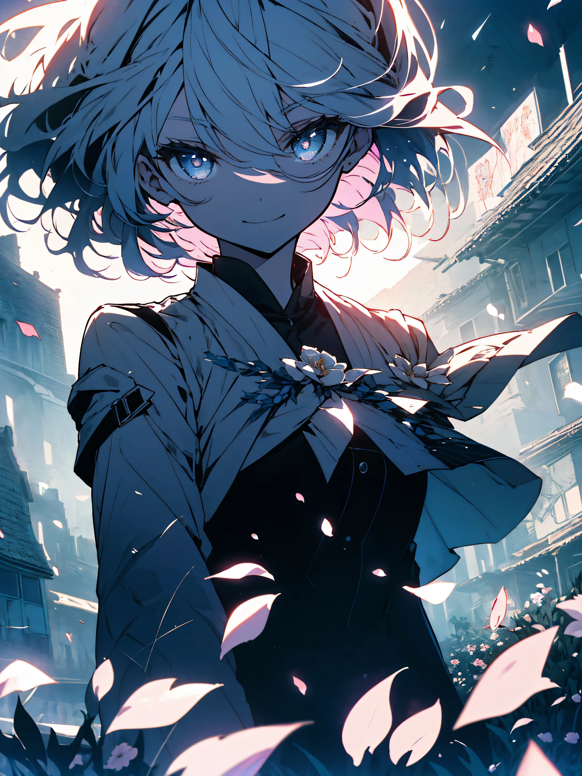 masterpiece, highest quality,(Shining eyes、detailed beautiful face), 1 girl, (colorful),(Finely drawn beautiful eyes and detailed face),cinematic lighting,bust shot,very detailed、8K wallpaper,gray hair,alone,smile,intricate skirt,((flying petals)),(flowering meadow), null, cloudy_null, building, moonlight, moon, night, (dark theme:1.3), light, fantasy,(highest quality、masterpiece、High resolution、detailed)、beautiful anime