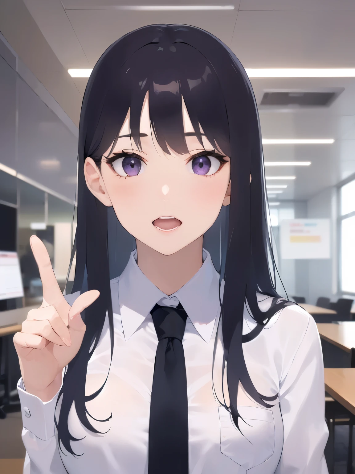 Biologically correct five fingers、Pointing with finger, Upper Body, Realistic, real person, (pale skin: 1.2), RAW photo, photorealistic, portrait photography, shiny skin, japanese idol、shiny hair、(25 year old woman with straight medium hair with bangs) and (black hair) and (purple eyes) , (wearing a business suit:1.2) and (white collared shirt) and (long sleeve) 、surprised, open mouth, The background is a company conference room、Alone、Are standing