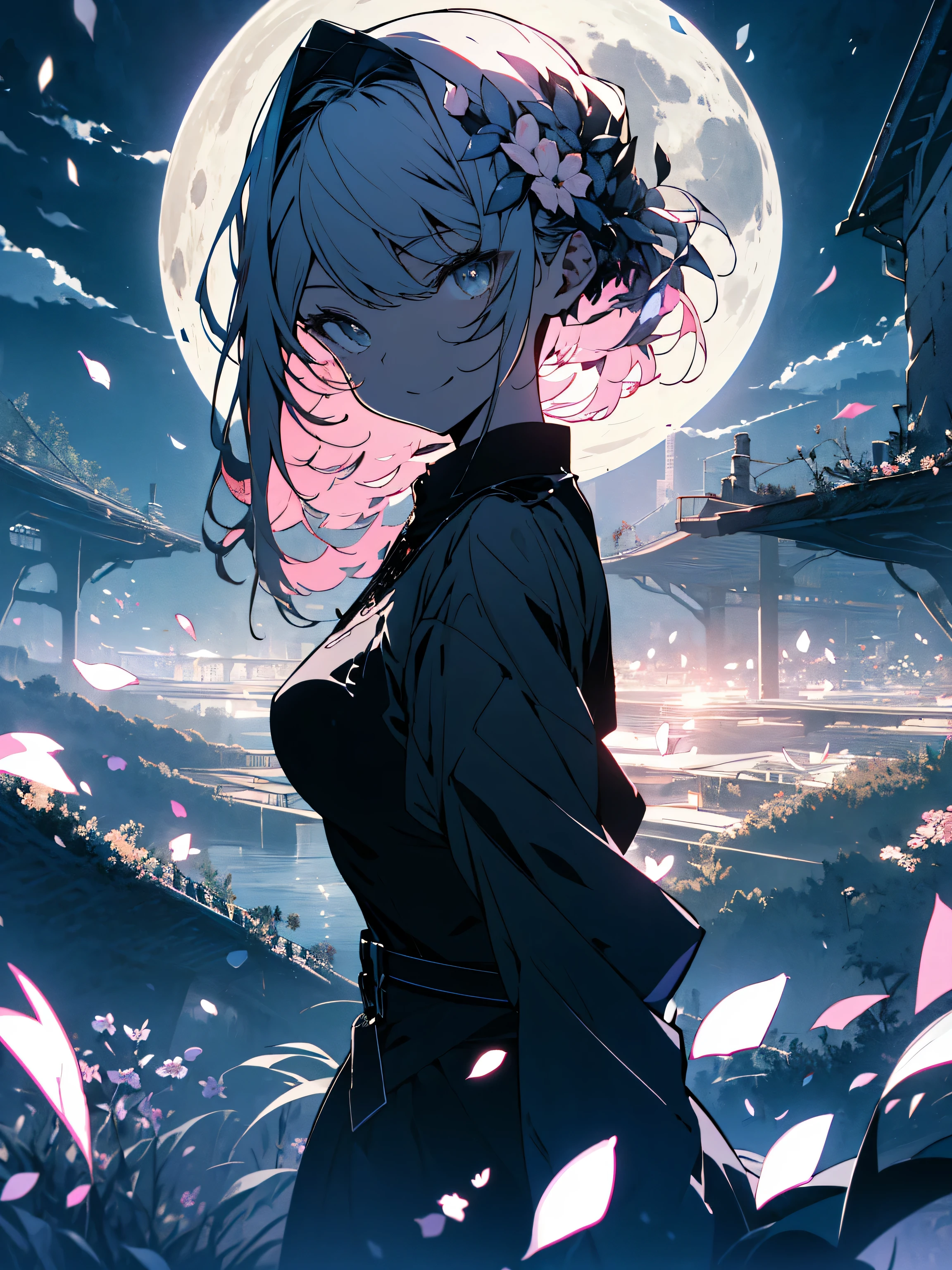 masterpiece, highest quality,(Shining eyes、detailed beautiful face), 1 girl, (colorful),(Finely drawn beautiful eyes and detailed face),cinematic lighting,bust shot,very detailed、8K wallpaper,gray hair,alone,smile,intricate skirt,((flying petals)),(flowering meadow), null, cloudy_null, building, moonlight, moon, night, (dark theme:1.3), light, fantasy,(highest quality、masterpiece、High resolution、detailed)、beautiful anime