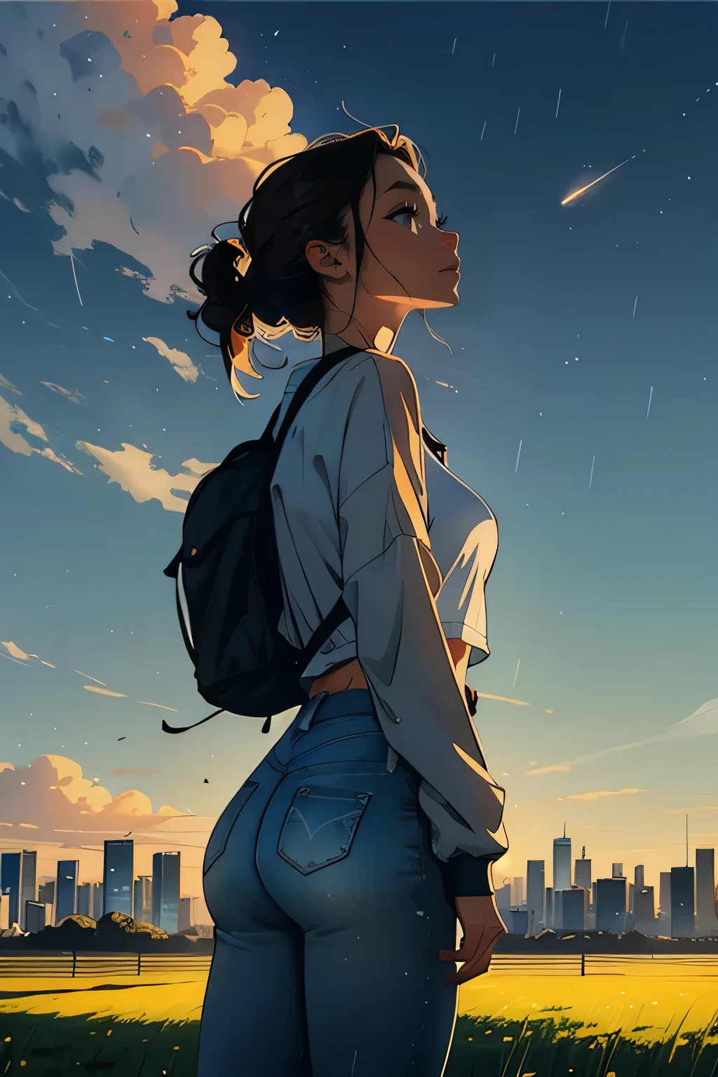 Vast sky, the sun shines,The wind blows and the rain falls,beautiful skyline, white clouds,wide meadow, Intense tension and dramatic video, moving visual effects, hanging north star, colorful natural light. A girl with a long-sleeved top, jean, perfect tits and ass, and backpack,Look up at the sky