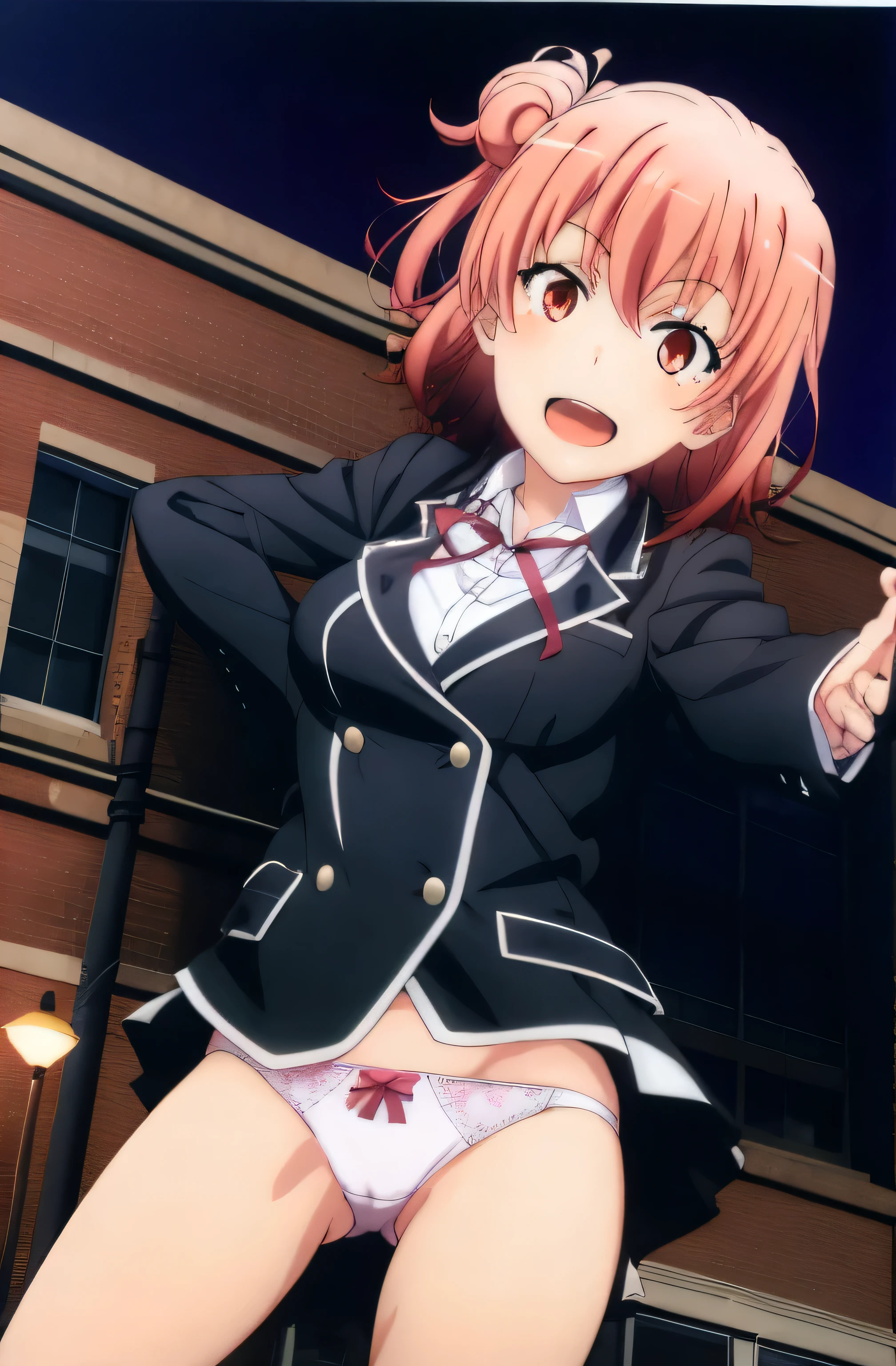 2 girls ,(yuigahama yui&#39;nice big bust), waltz dance ,uniform,black blazer,white shirt,ribbon,light pink panties,thighs,((high angle:1.0)),Please look here,gaze looking up,I&#39;I&#39;I&#39;I&#39;m embarrassed and blush,open mouth smile,beautiful eyes,downtown at night