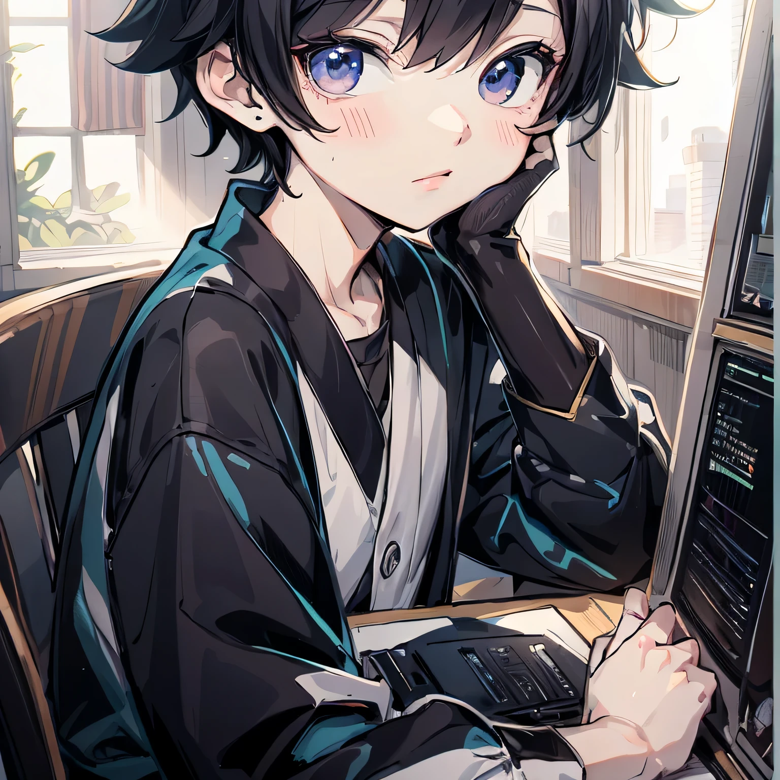 anime boy sitting at a desk with a laptop computer, Anime cute art style, anime boy, guys, young anime man, anime style肖像, Inspired by Okumura Masanobu, Digital animation illustration, official art, anime style, on pixiv, pixiv style, Detailed fanart, cute portrait, Inspired by Okumura Togyu