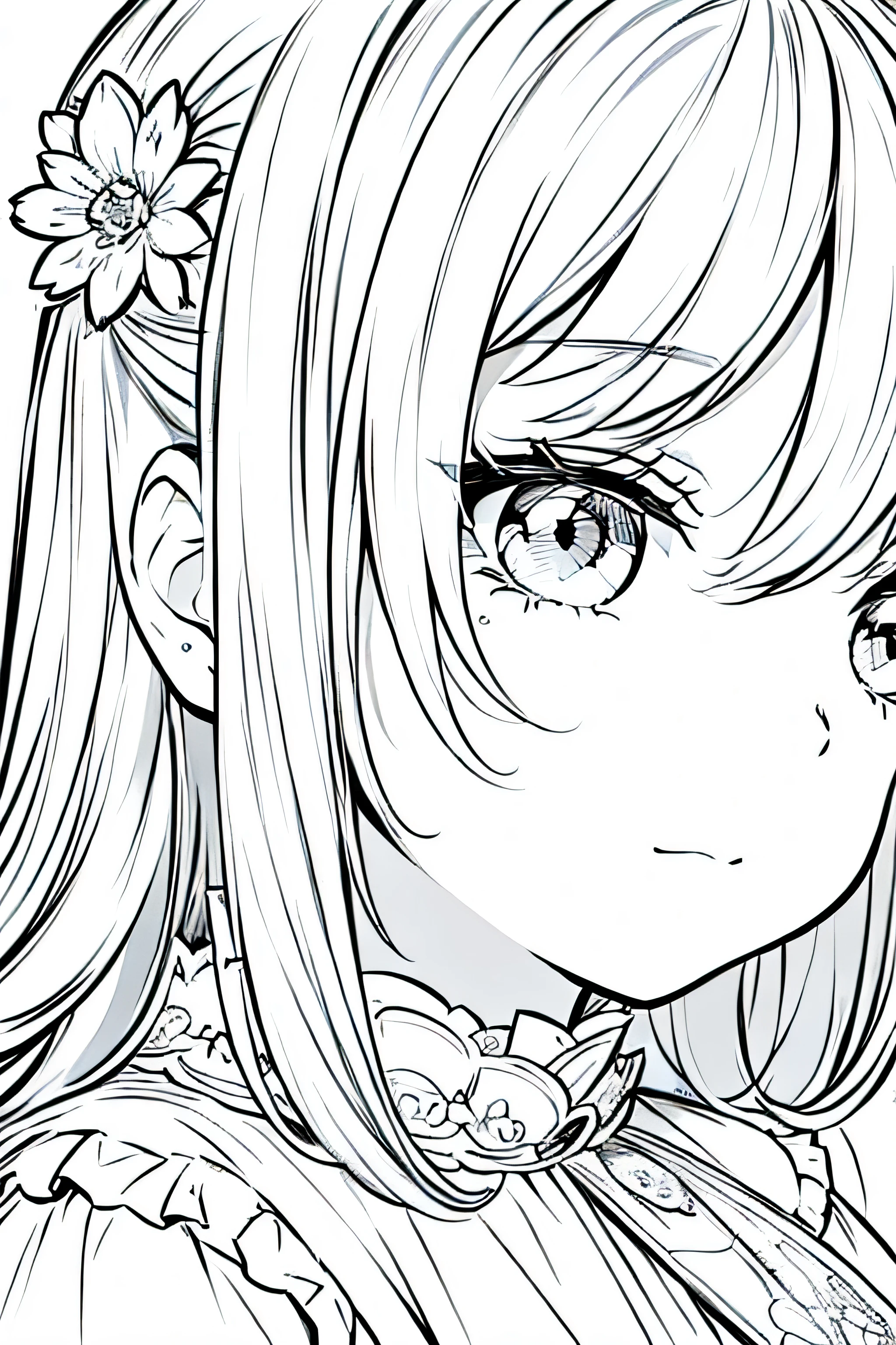 Detail face, ((Perfect details)), Cold light, ((Data in eyes)), ((Data embellishment hair)), Line drawing, Monochrome, Line drawing cute baby, white hair, flower line drawing background