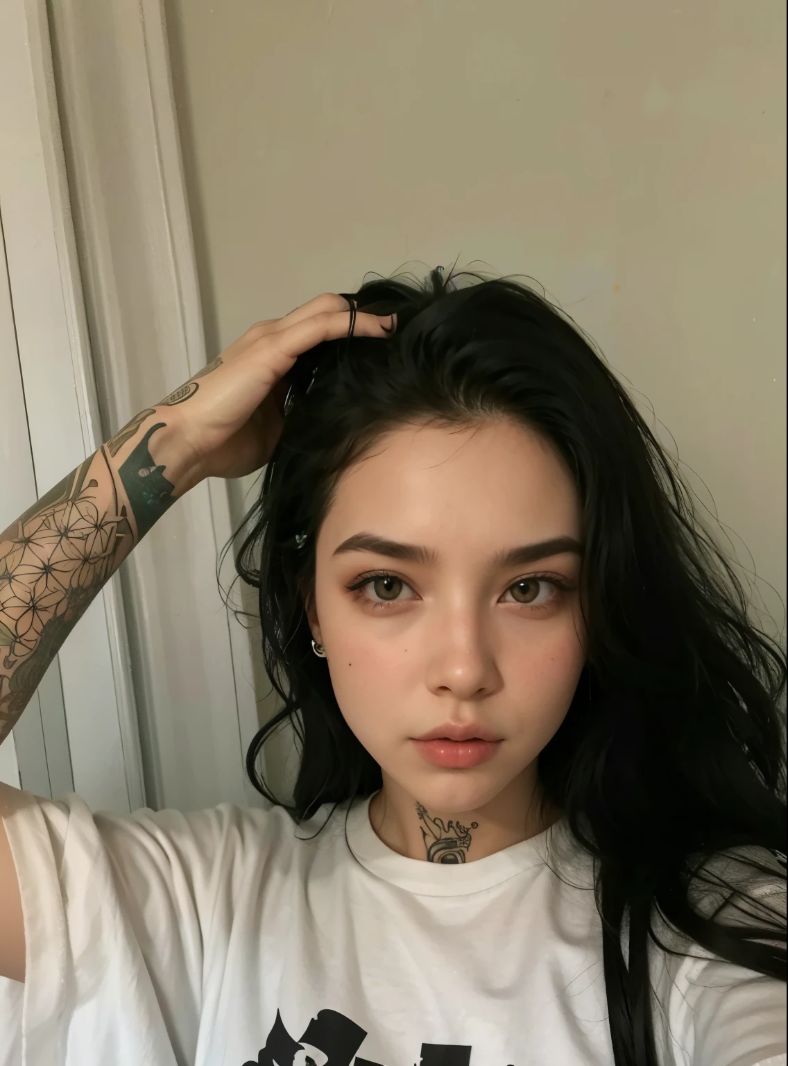 curvy woman with long black hair and head piercings, sharp Sobrancelhas pretas, Sobrancelhas pretas, sobrancelhas mais longas, sobrancelhas escuras, sobrancelhas retas, com tatuagem facial, ela parece uma mistura de sujeira, Sobrancelhas finas, sobrancelhas grandes, com tatuagens de runas no rosto, sobrancelhas selvagens, sobrancelhas pesadas, Sobrancelhas afiadas, parece uma mistura de sujeira
