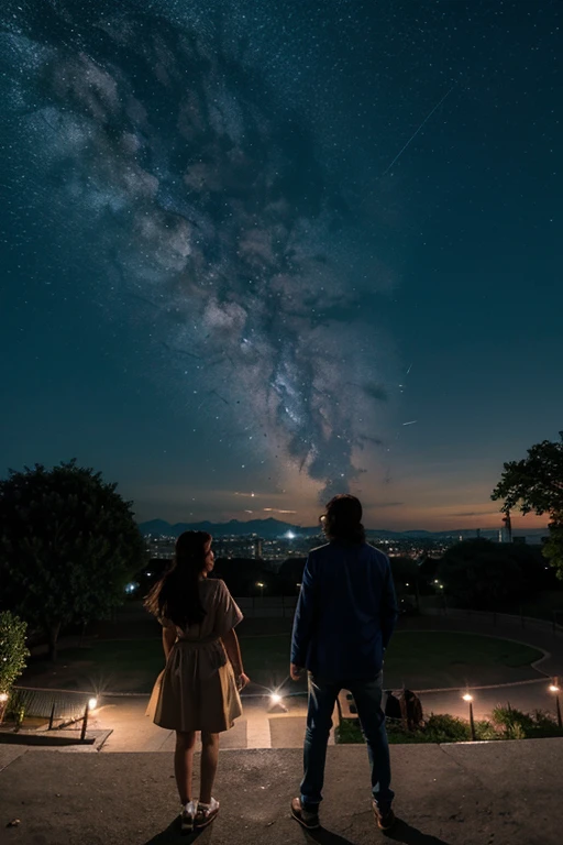 pareja en un parque tomados de la mano viendo una noche estrellada con una estrella fugas pasando por un cielo despejado estilo anime