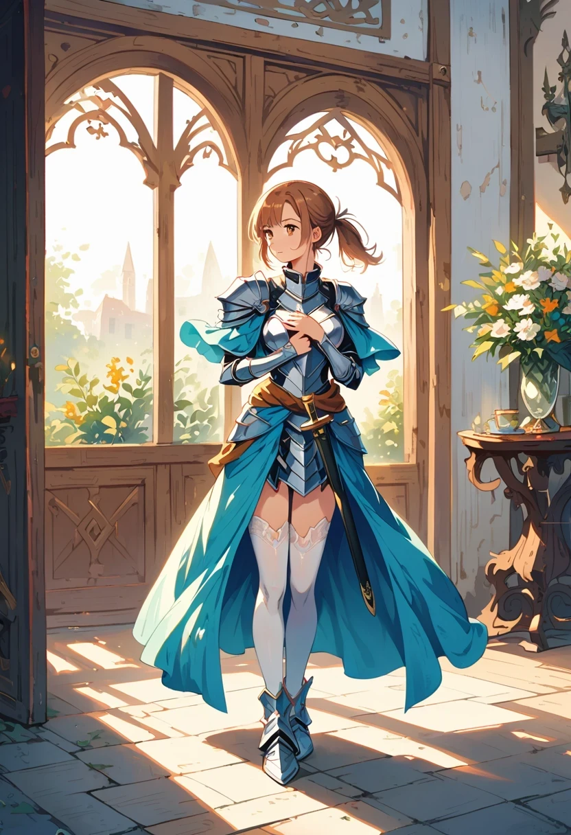 Asuna, Asuna_(Star), (1 girl,alone) ,fantasy, high resolution, No. 19,  The original, (Worn in a sheath around the waist:1.3), Smile, (white knight wizard cloak:1.5), short hair, medium breasts, looking at the audience, Bangs ,Delicate hazel eyes, beautiful background, ((morning sun,Western style private room)), Put your hands on your chest,(brown hair,short ponytail:1.5), (Platinum Knight Wizard Full Armor:1.55),short hair, permanent,direct, Abeke,(whole body:1.1), white stockings,(Abeke:1.4),