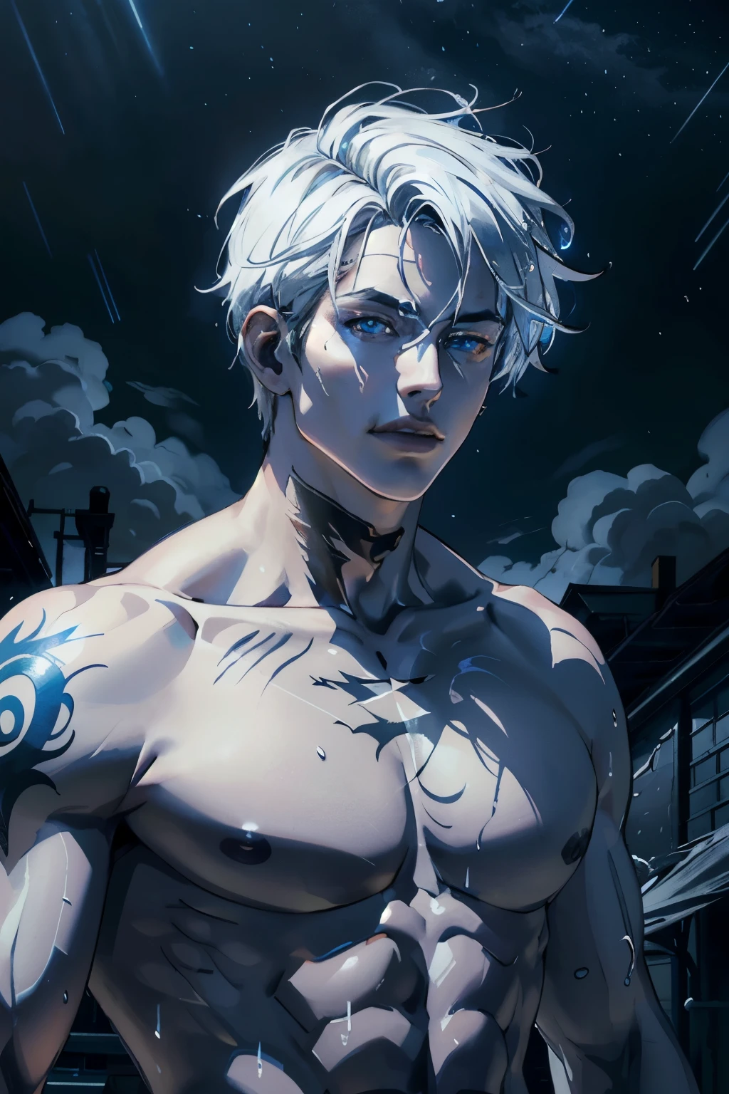 8k, complex, elegant, highly detailed, majestic, digital photography, surrealist painting, beating magic, winding lightning, (masterpiece, side light, fine beautiful eyes: 1.2), HDR, (glowing blue eyes)), naked upper body, (glowing tattoo), handsome boy, white hair, muscles, demon horn, raining, handsome, facing the camera, masterpiece
