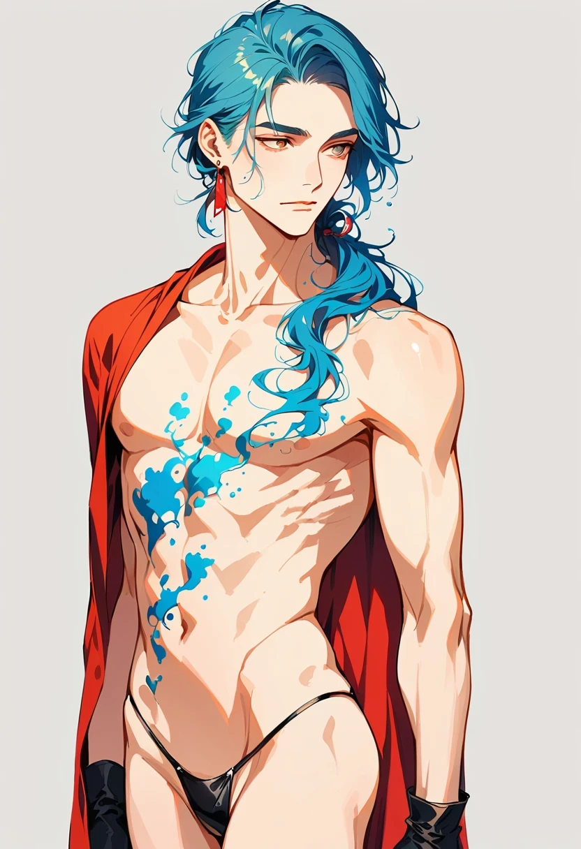 liquid thong,  male focus, Gloves, 1 boy, alone, long hair, blue hair, earrings, jewelry, Simple background, black Gloves, water, ponytail, low ponytail, gray background, extremely handsome man, (Naked body), Wearing a tiny black thong, Mage red robe, single earrings,  Bangs,  liquid hair,  sky print,