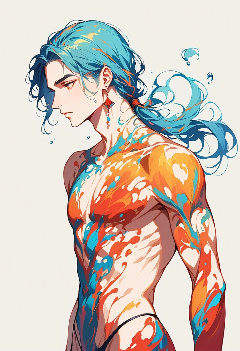 liquid thong,  male focus, Gloves, 1 boy, alone, long hair, blue hair, earrings, jewelry, Simple background, black Gloves, water, ponytail, low ponytail, gray background, extremely handsome man, (Naked body), Wearing a tiny black thong, Mage red robe, single earrings,  Bangs,  liquid hair,  sky print,