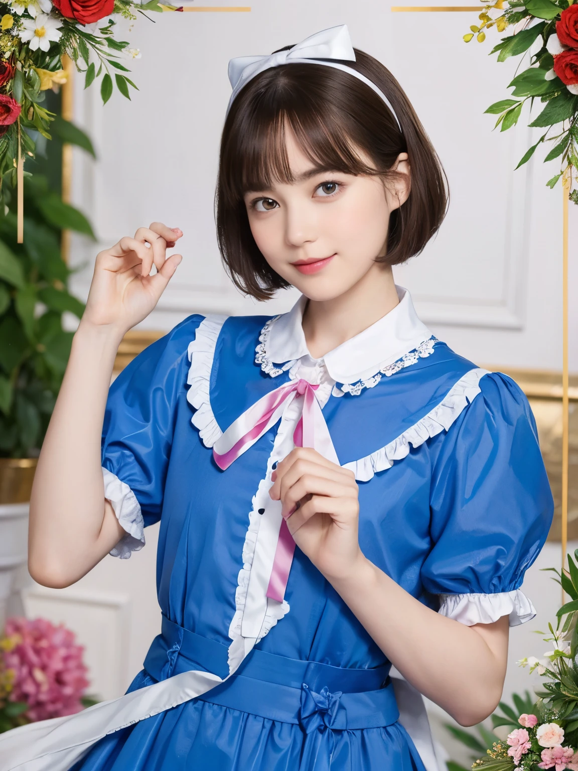 1 (alice in wonderland), (He wears a large triangular ribbon on his head.........), short hair, young woman, gentle smile, colorful clothes
