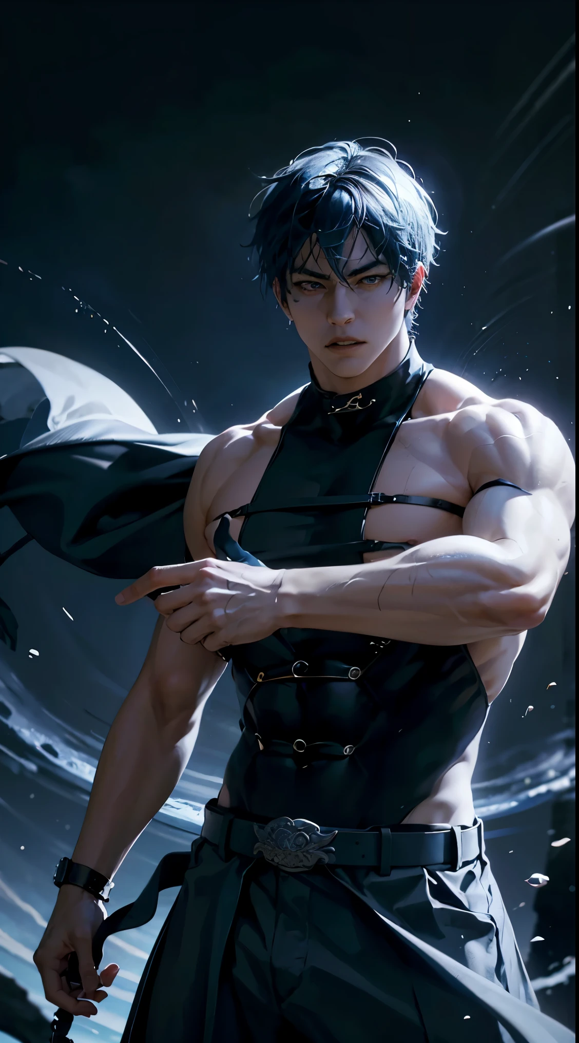 Man with martial arts stance using 10 rings on his hand,Blue hair, old fashioned blue pants with no shirt, badass expression, epic kung fu pose, fire Blue  and rings background.HD lighting and dark )<=(epic image quality)red atmosphere with bright particle light(many effects in background)
