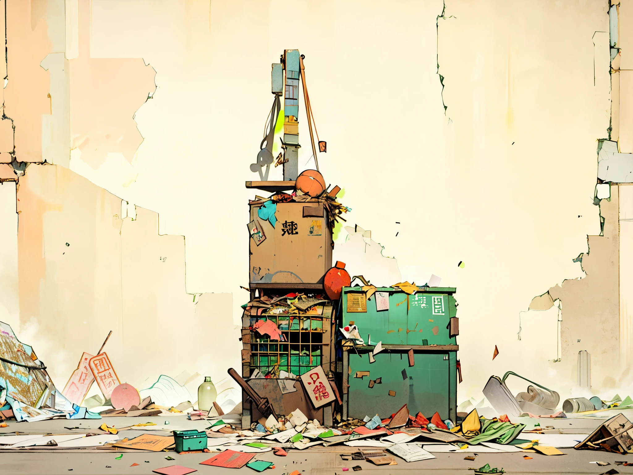 Classical Photography Craftsmanship,有一张起重机在一堆Rubbish顶上的照片, Inspired by Zhang Kechun, Rubbish, mixed media, Set photo, Archival pigment printing, Damaged machinery, broken composition, Rubbish, made of Rubbish, author：Kurt Rosch, Rubbish, deserted shinjuku Rubbish, author：Jacob Gorman, Inspired by William Harnett