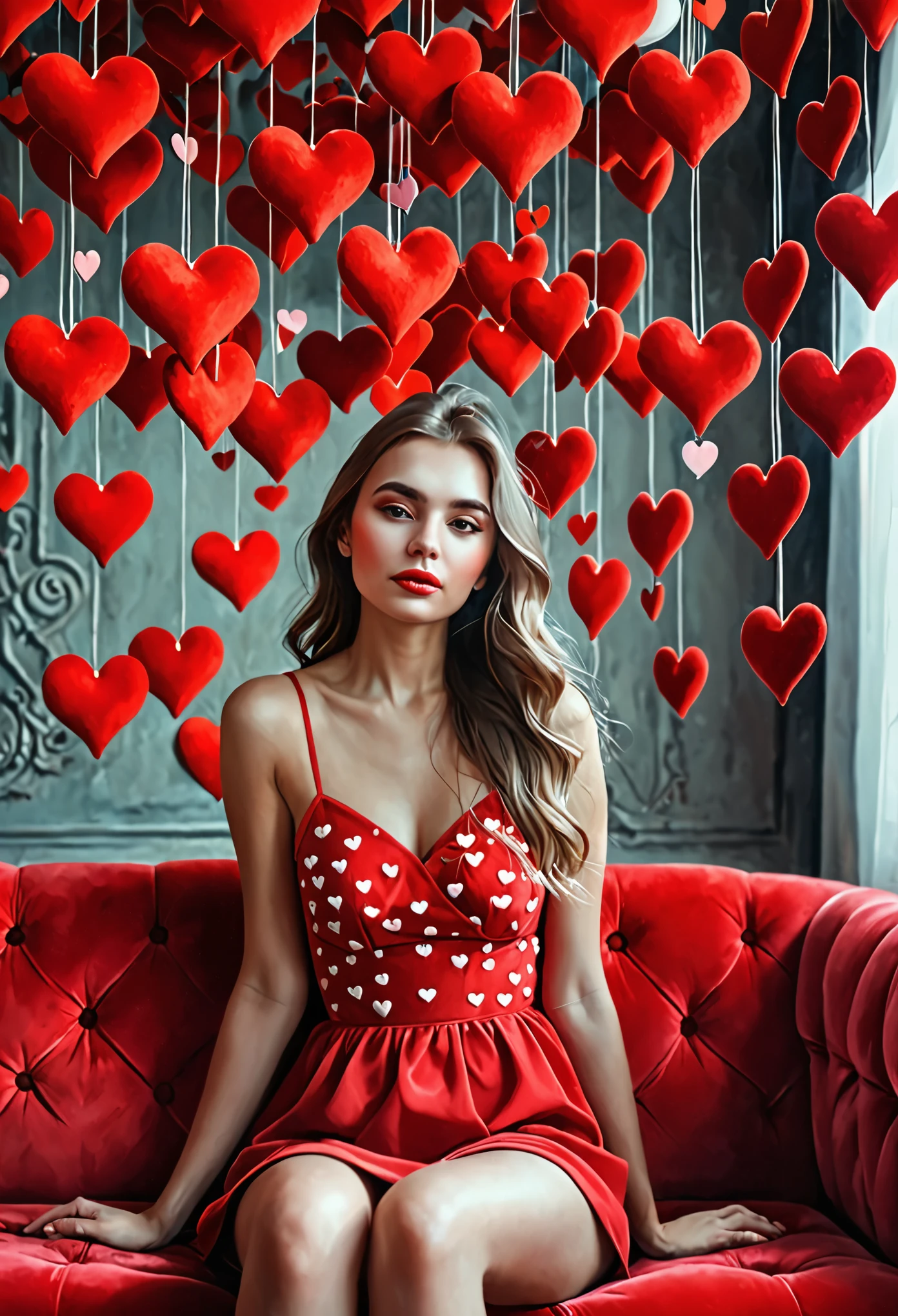 Arafed woman sitting on a red sofa, and a bunch of hearts hanging from the ceiling, portrait, inspired by Ion Andreescu, Tumblr, realism, Dasha Taran, alina ivanchenko, Anastasia Ovchinnikova, portraitное фото на заднем плане, Alexandra Valishevskaya, Julia Gorokhova, Magdalena more often, fairytale outfit